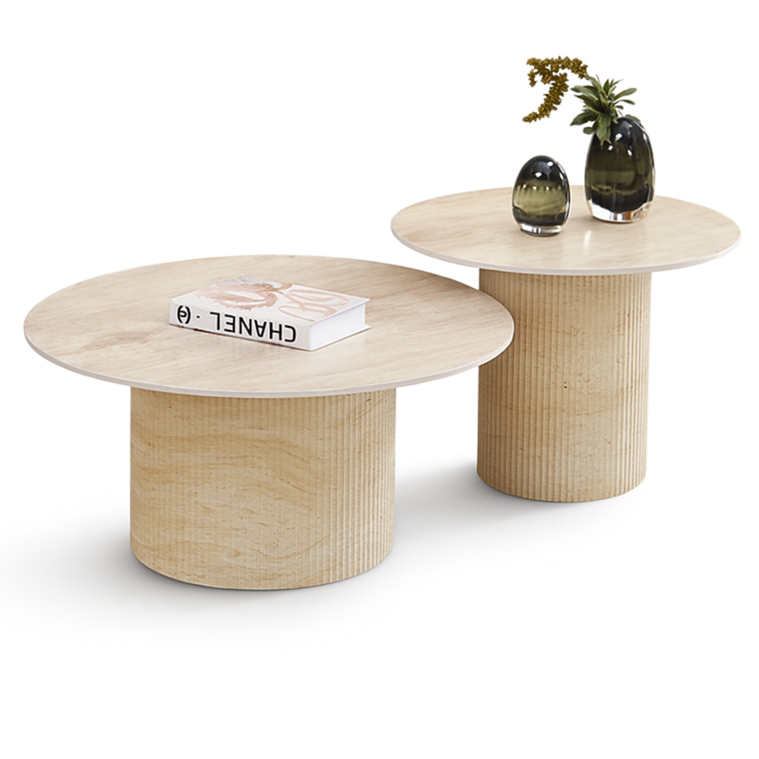 Table Basse Duo – Céramique Effet Travertin et Pieds Beige – 80x38 / 60x45 cm
