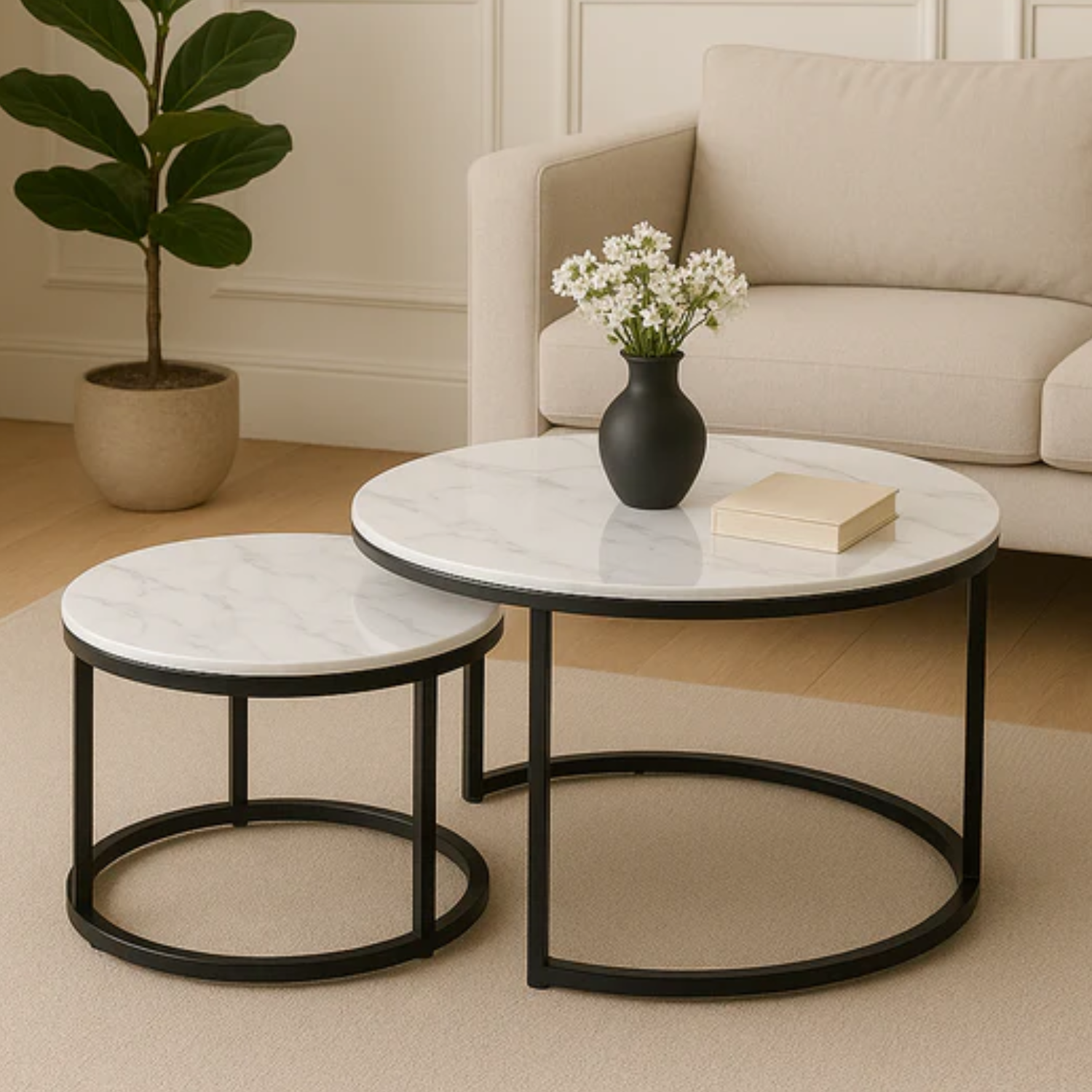 Table basse gigogne marbre céramique blanc structure Métal noir