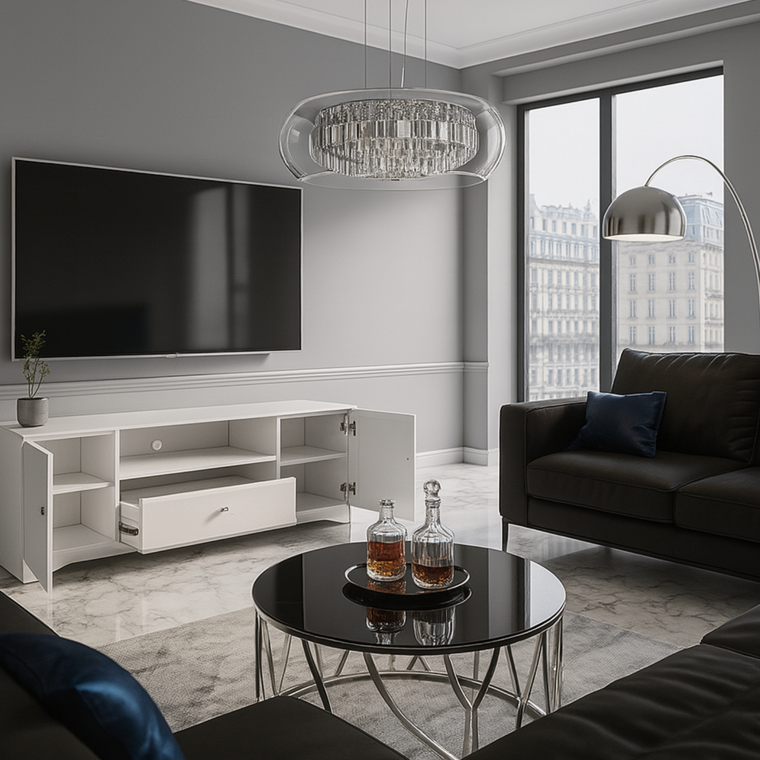Meuble TV Moderne en Blanc Brillant avec Bordure ABS Durable et Tiroirs Spacieux