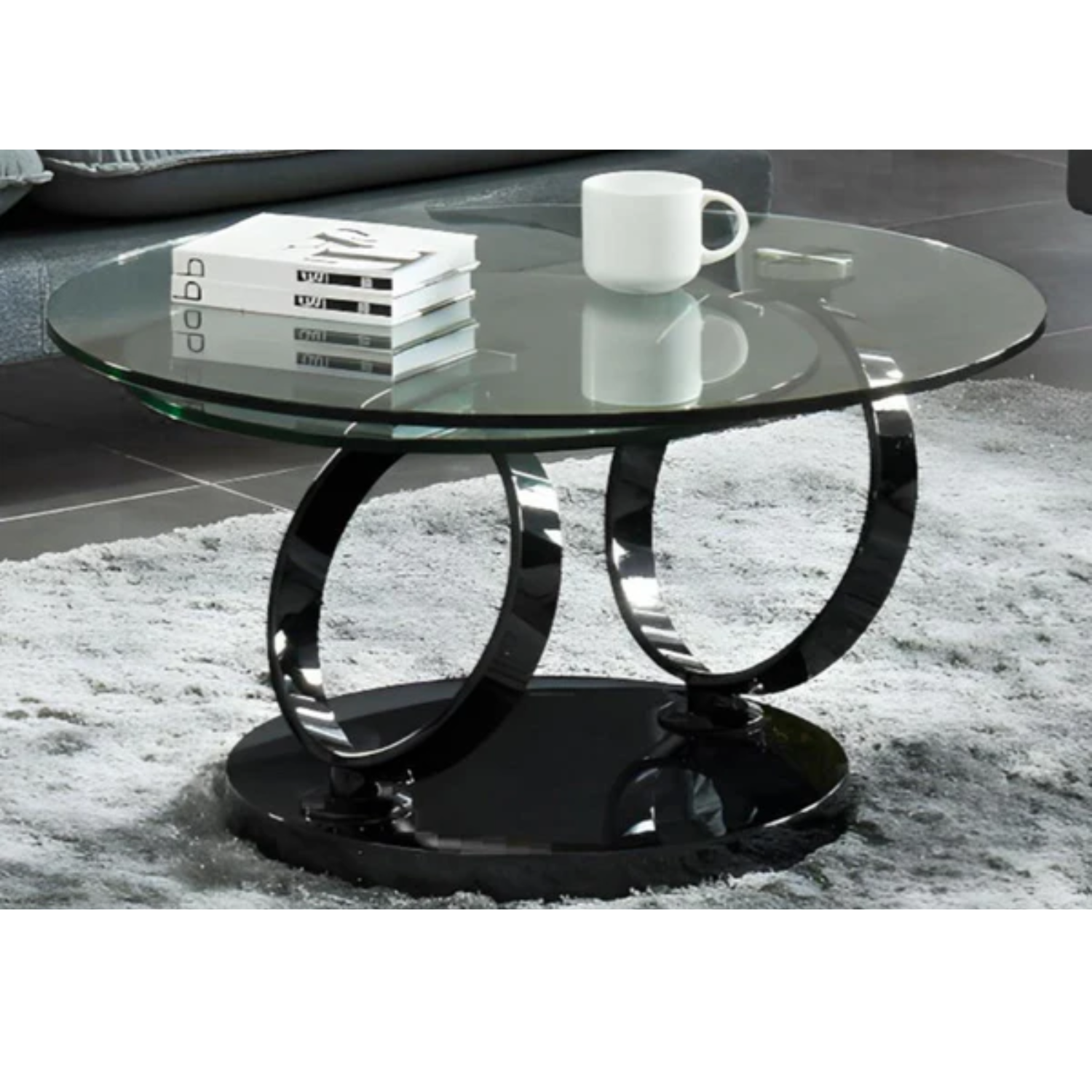 Table Basse Ronde en Verre Transparent avec Structure en Métal Noir