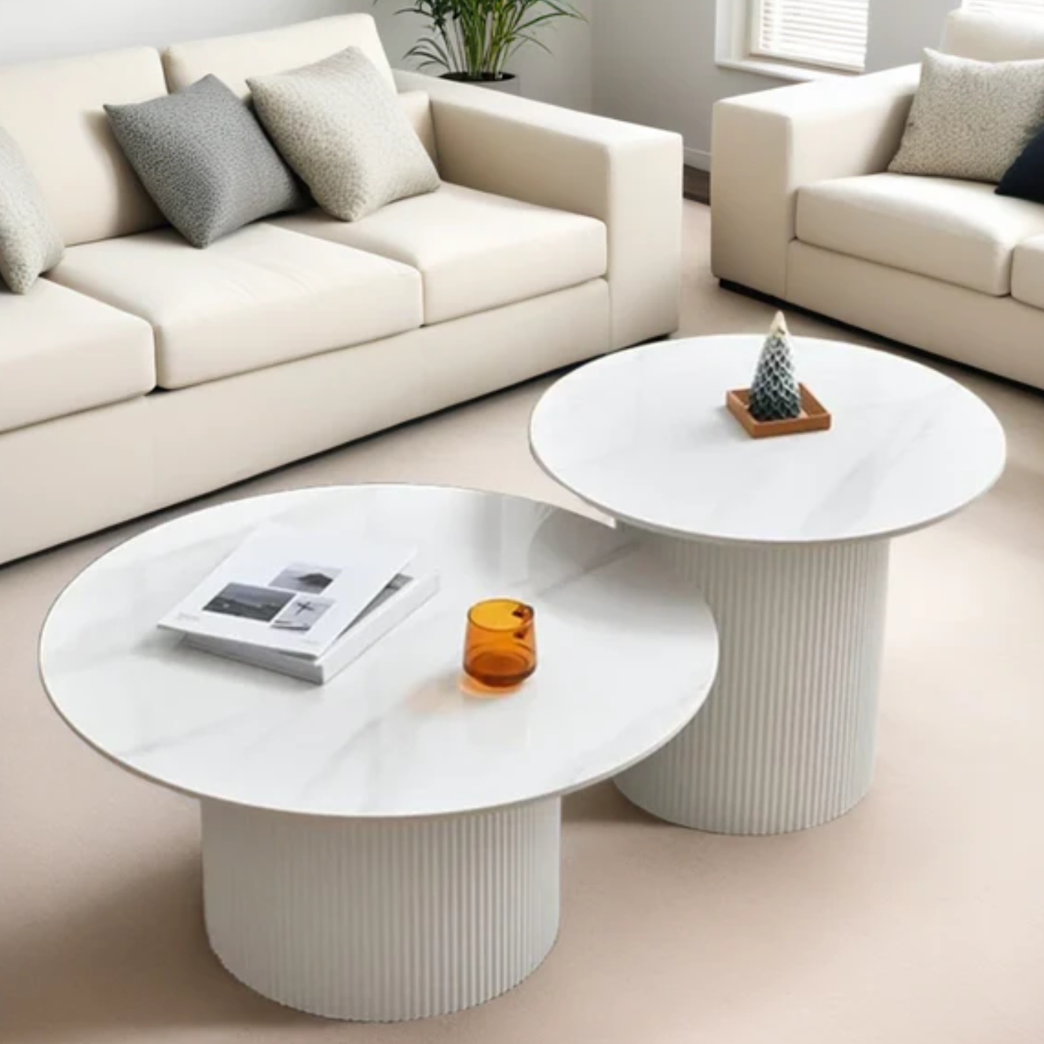 Table basse gigogne marbre blanc, structure blanche