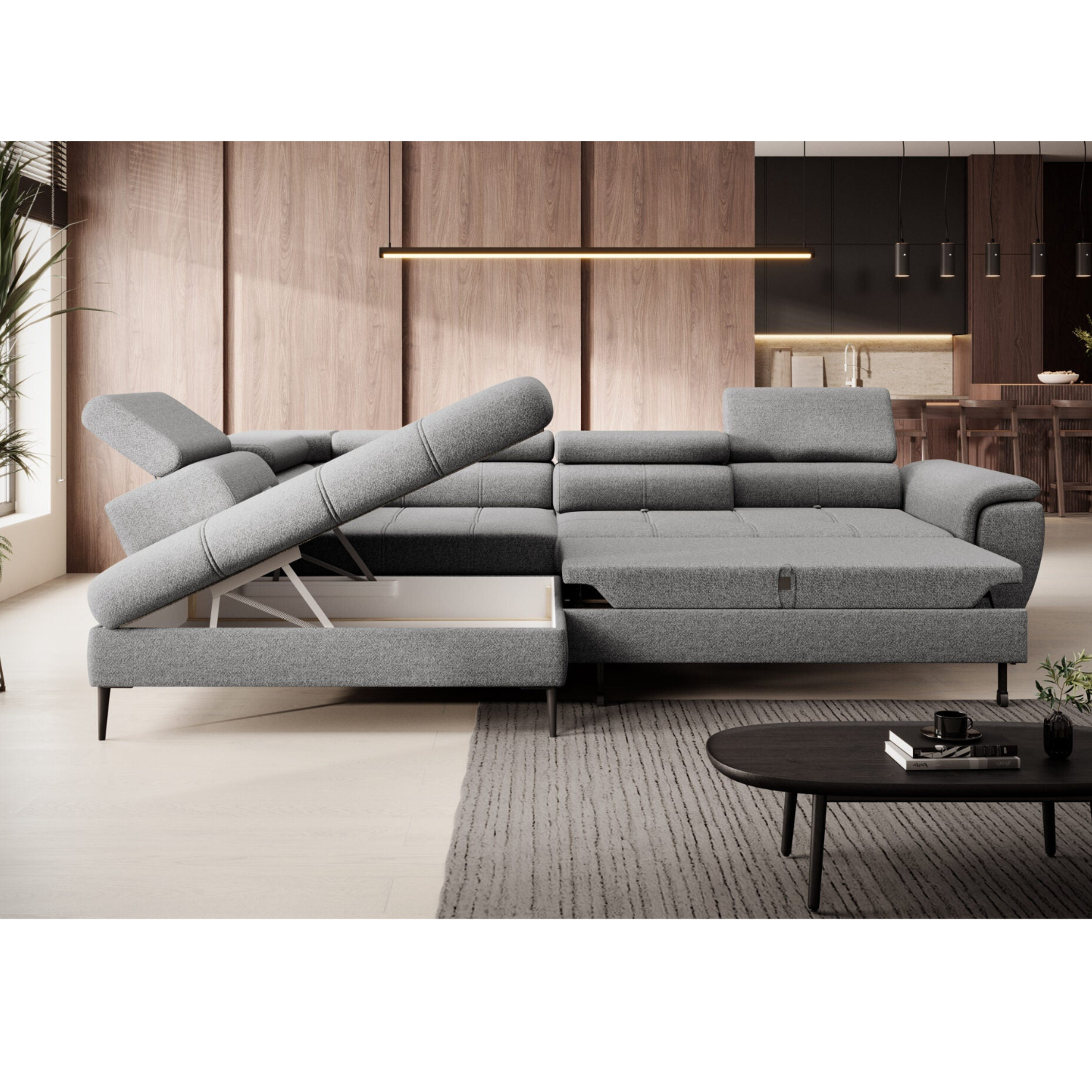 Canapé d’angle convertible moderne avec système d’ouverture DELFIN et dossier coulissant