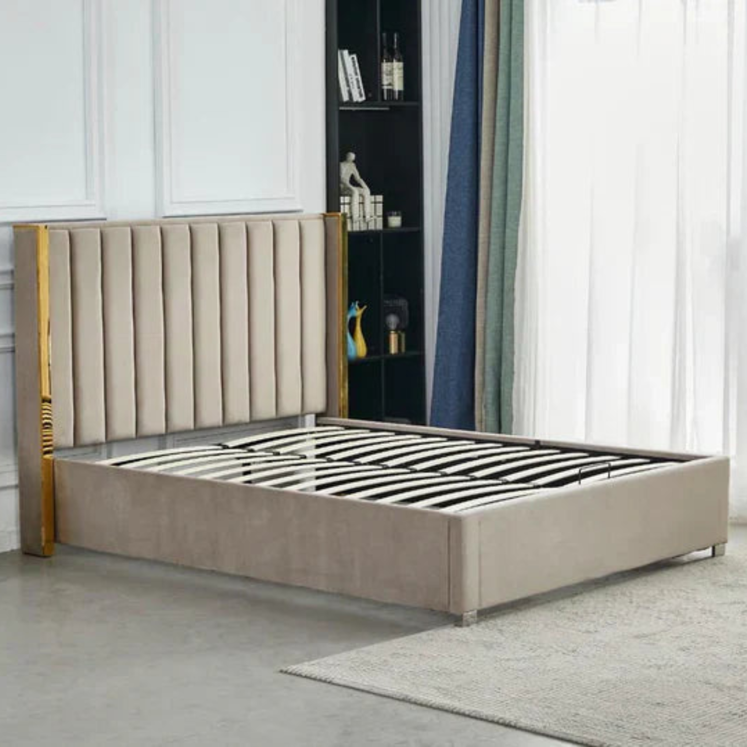 Lit Coffre avec Tête Capitonnée  avec Rangement  – Velours Taupe, Gris ou Noir – 140x200 / 160x200 cm