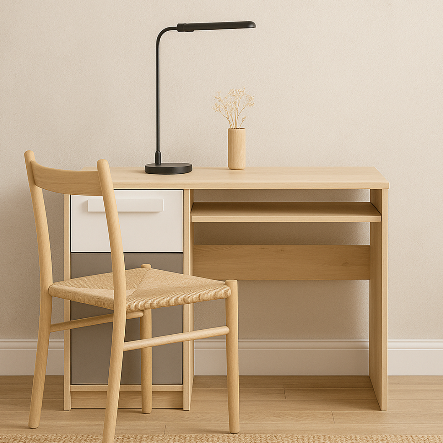 Bureau moderne Hêtre Fjord + Blanc, design élégant avec bordure ABS et finition résistante