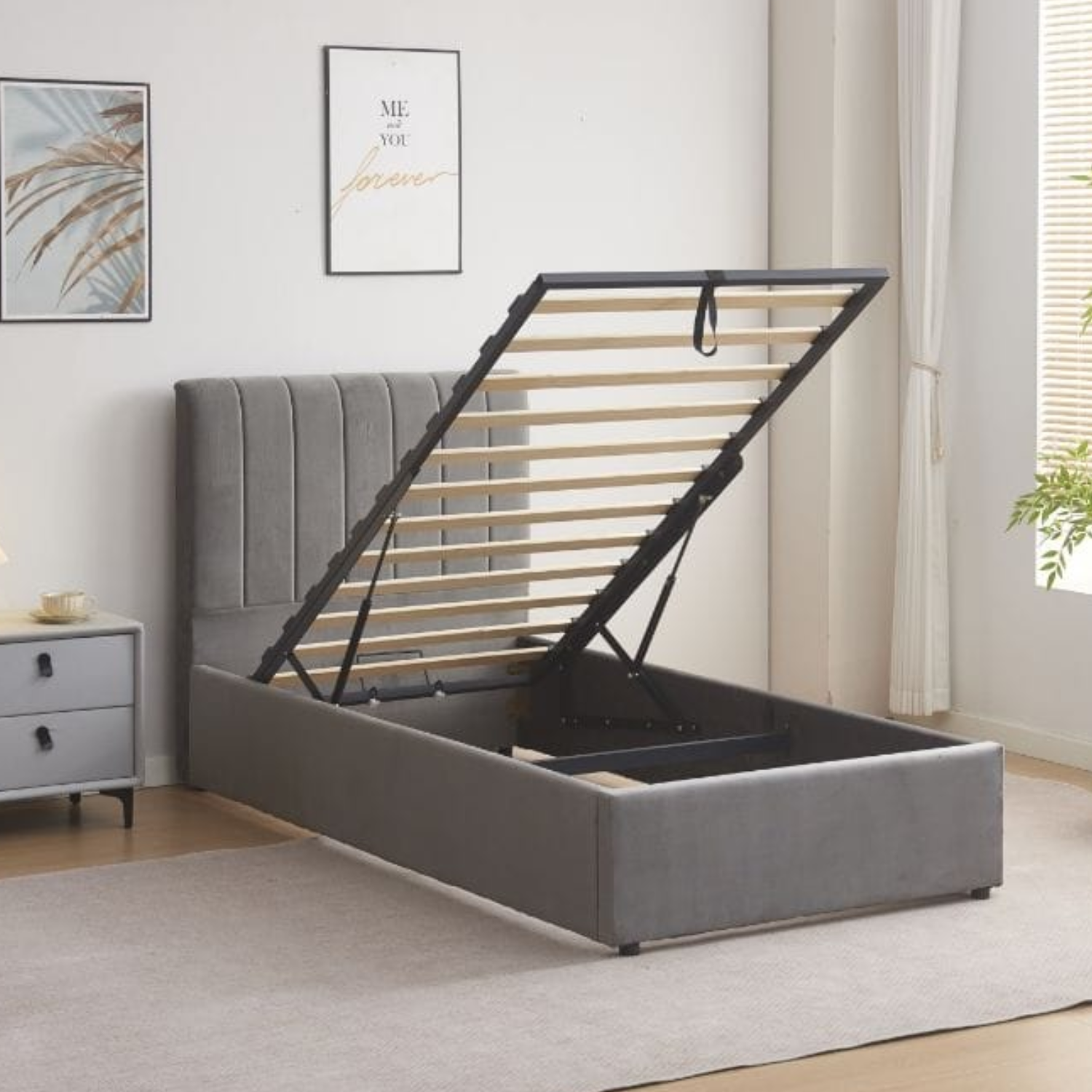 Lit coffre 1 place en velours – Gris, Taupe ou Rose – Compact et avec Rangement