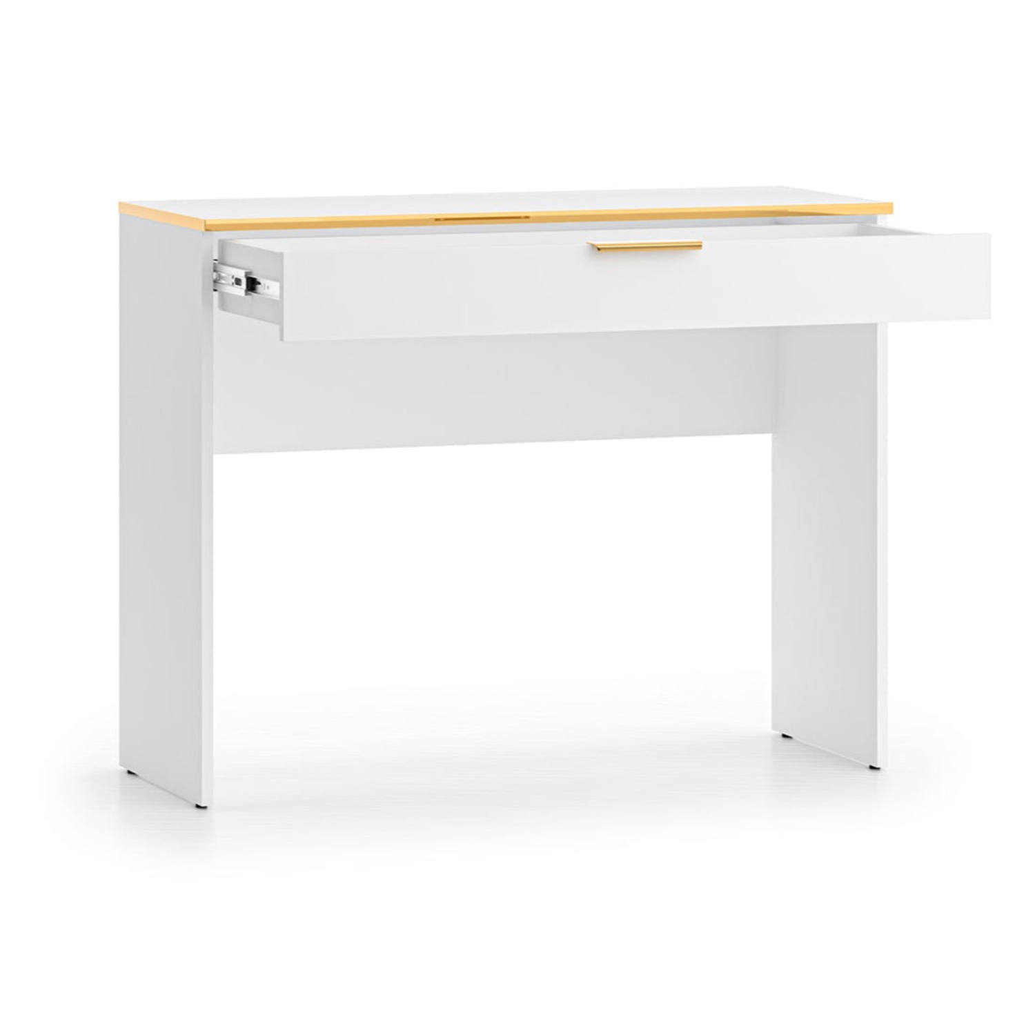 Coiffeuse en bois blanc laqué mat avec structure dorée avec rangement pratique
