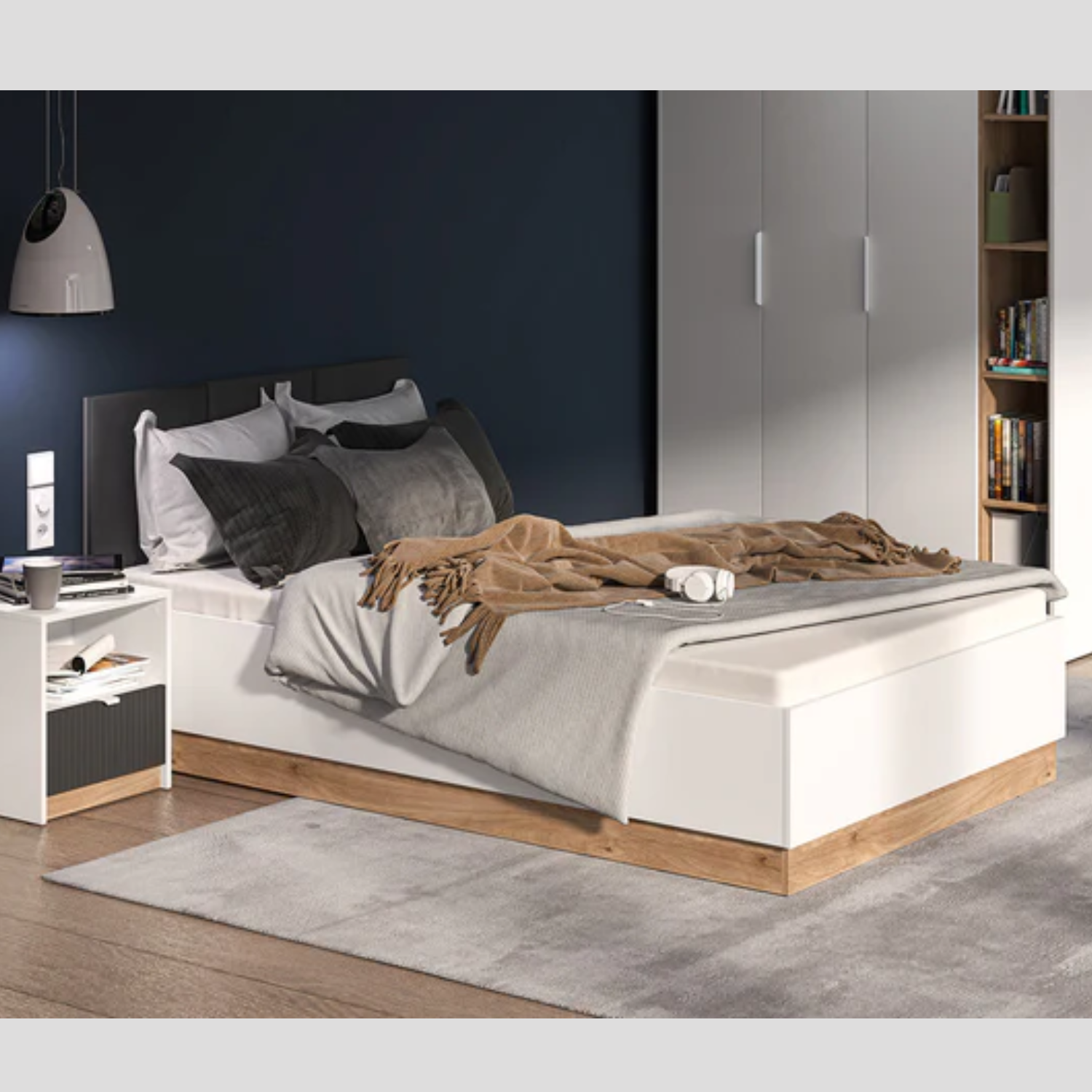 Lit Double Moderne avec Cadre Graphite et Blanc - MDF Haut de Gamme, Résistant aux Rayures et Humidité