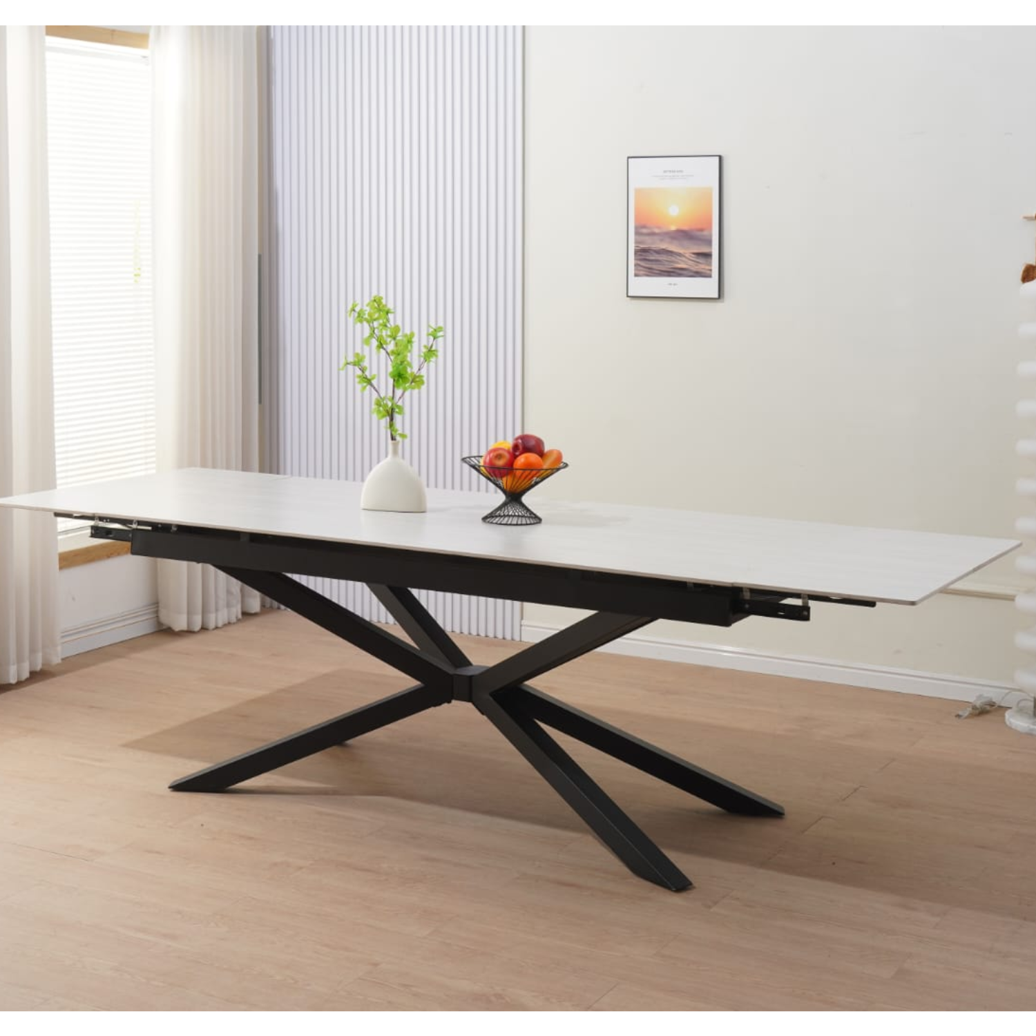 Table à manger extensible – Plateau céramique travertin mat ou blanc – Pied métal noir – 180/260x90x76 cm
