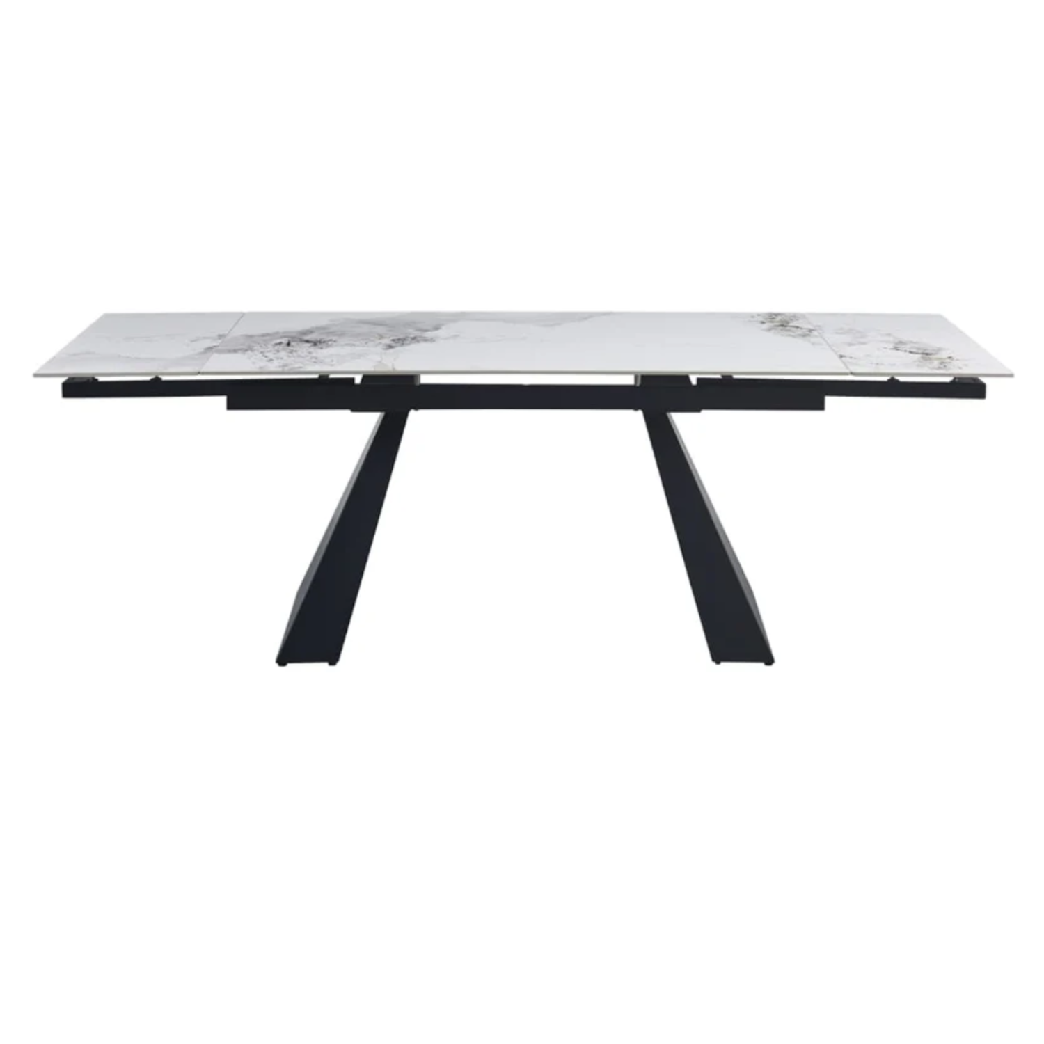 Table à Manger Extensible – Plateau Marbre Blanc et Verre Trempé, Pieds Métal Noir