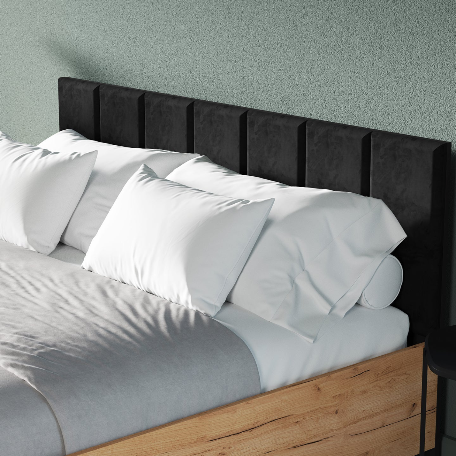 Lit en Chêne Craft Or + Noir avec Appuie-tête en Velours Noir – Design Élégant et Résistant