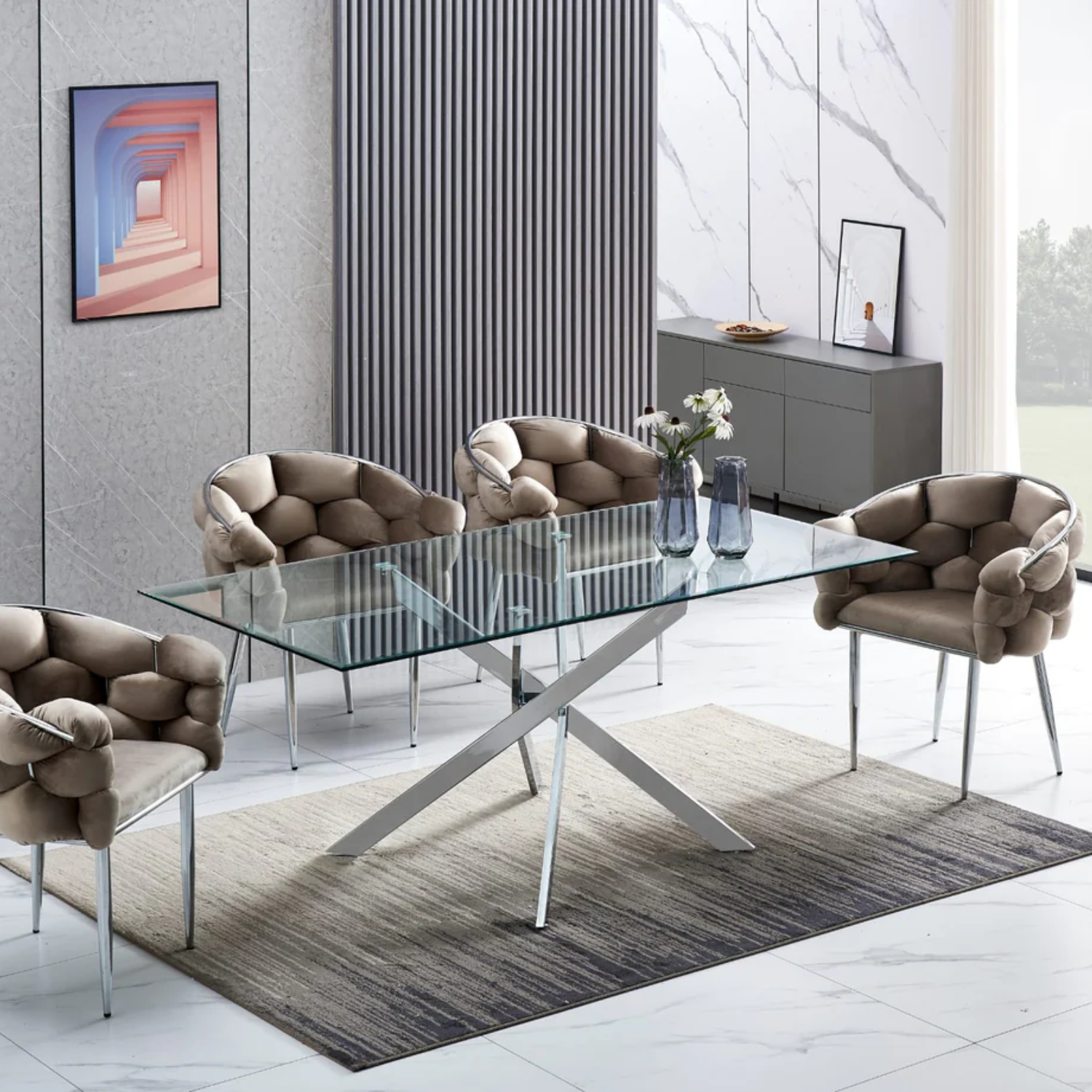 Table à Manger ALIA rectangulaire plateau en verre trempé et Pieds couleur argentée