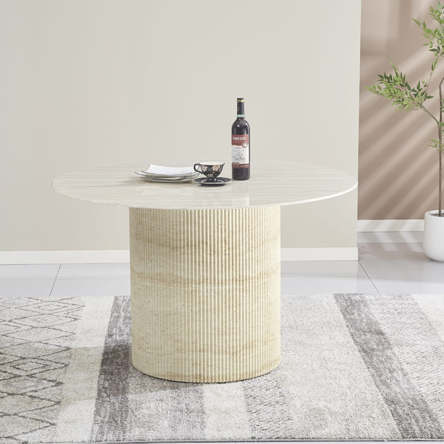 Table à manger ronde plateau travertin céramique brillant