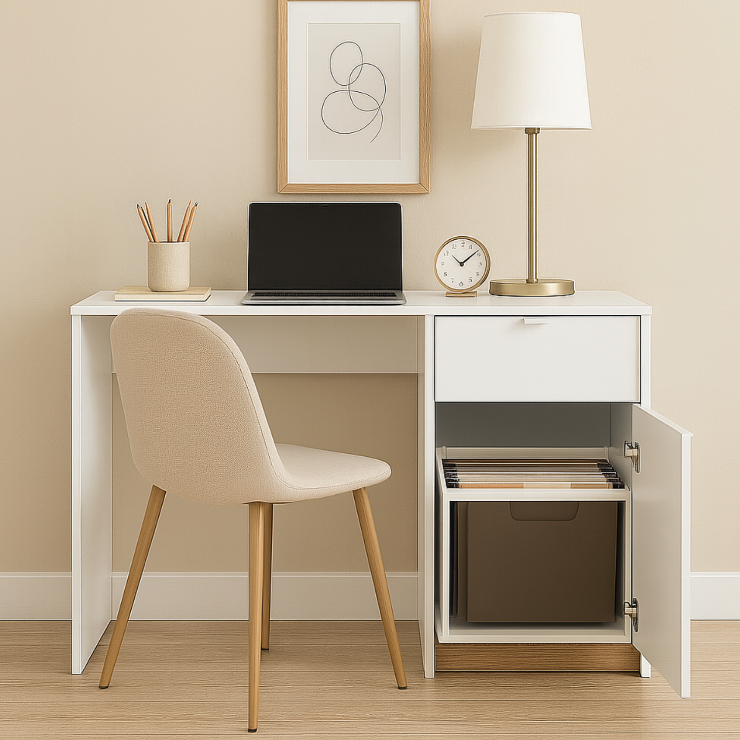 Bureau Design avec Finition Bicolore – Blanc, Graphite Mat & Chêne Castello