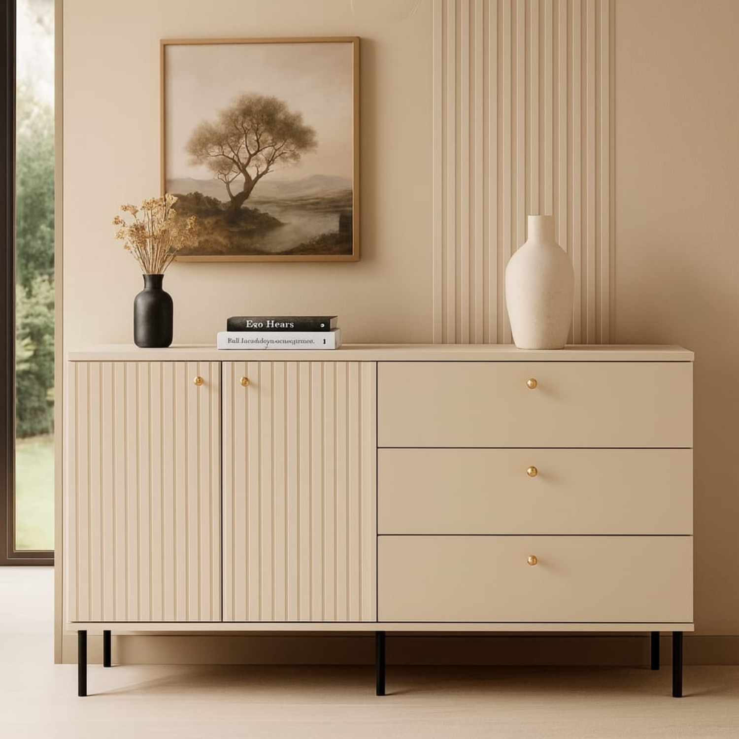 Commode, Buffet Cachemire avec Tiroirs Profonds & Finitions en Or Brossé