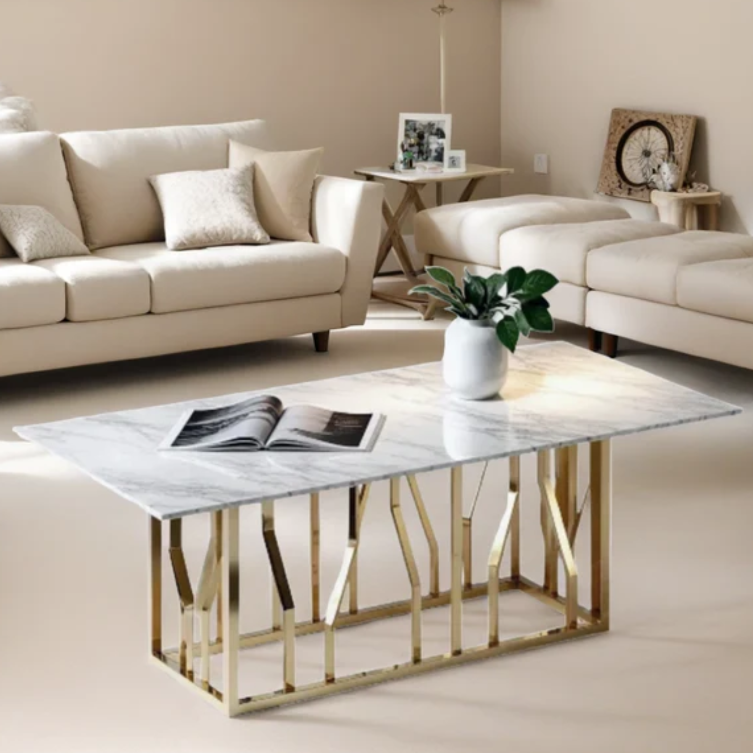 Table Basse Marbre Blanc Véritable & Piètement en Acier