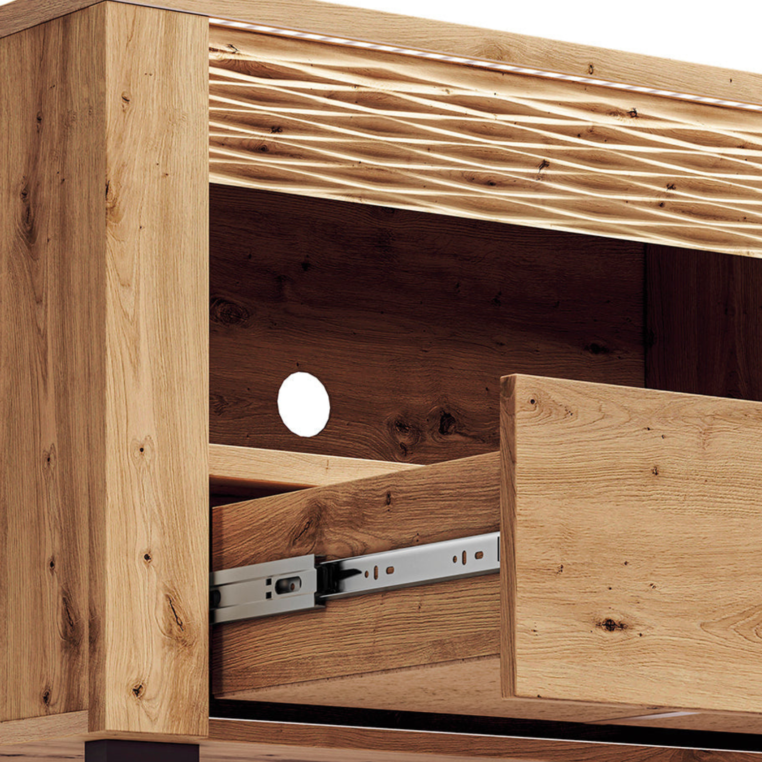 Meuble TV bas moderne – Collection Artisan Épure – Chêne artisanal & MDF rainuré – Tiroirs à extension totale