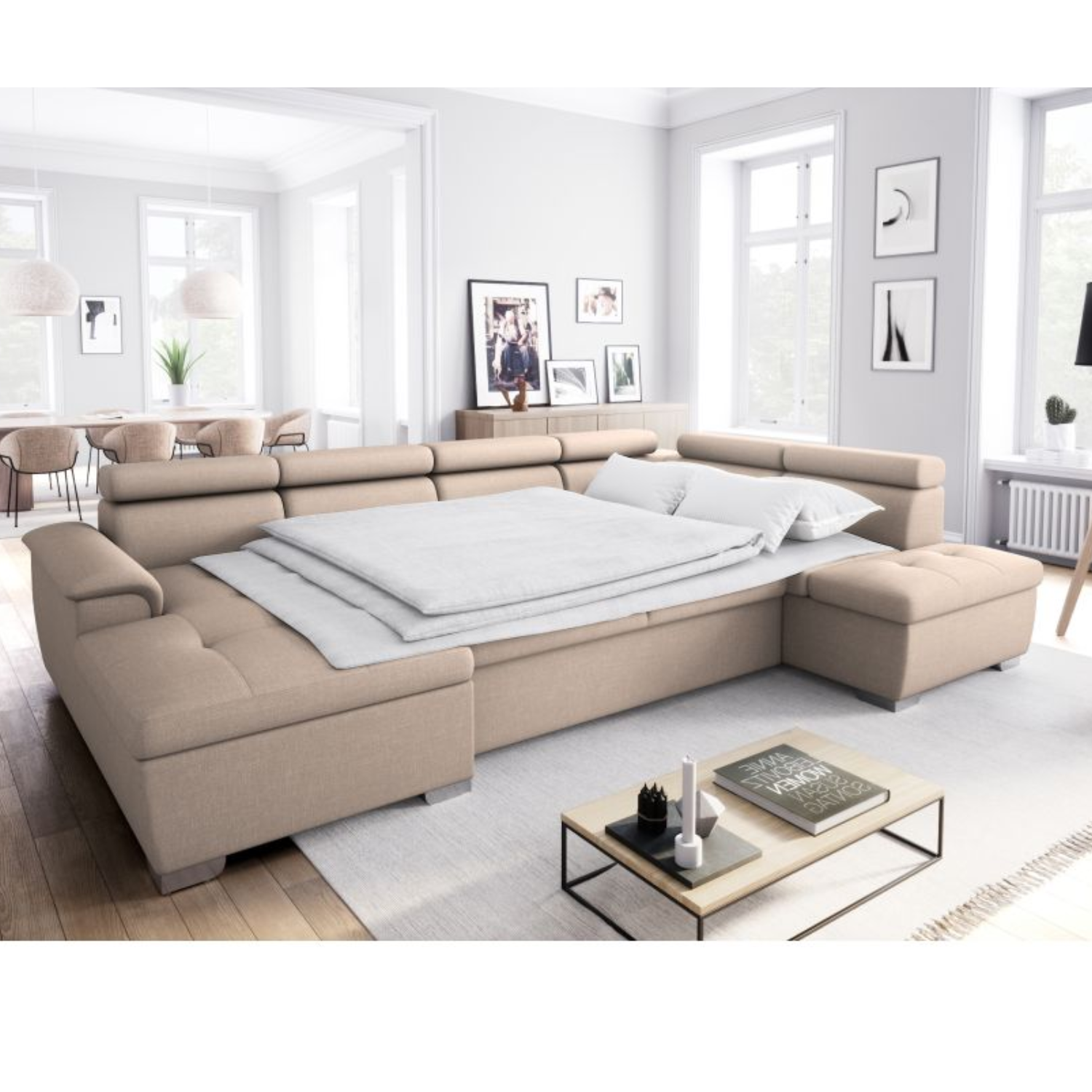 Canapé panoramique convertible avec 2 coffres en tissu