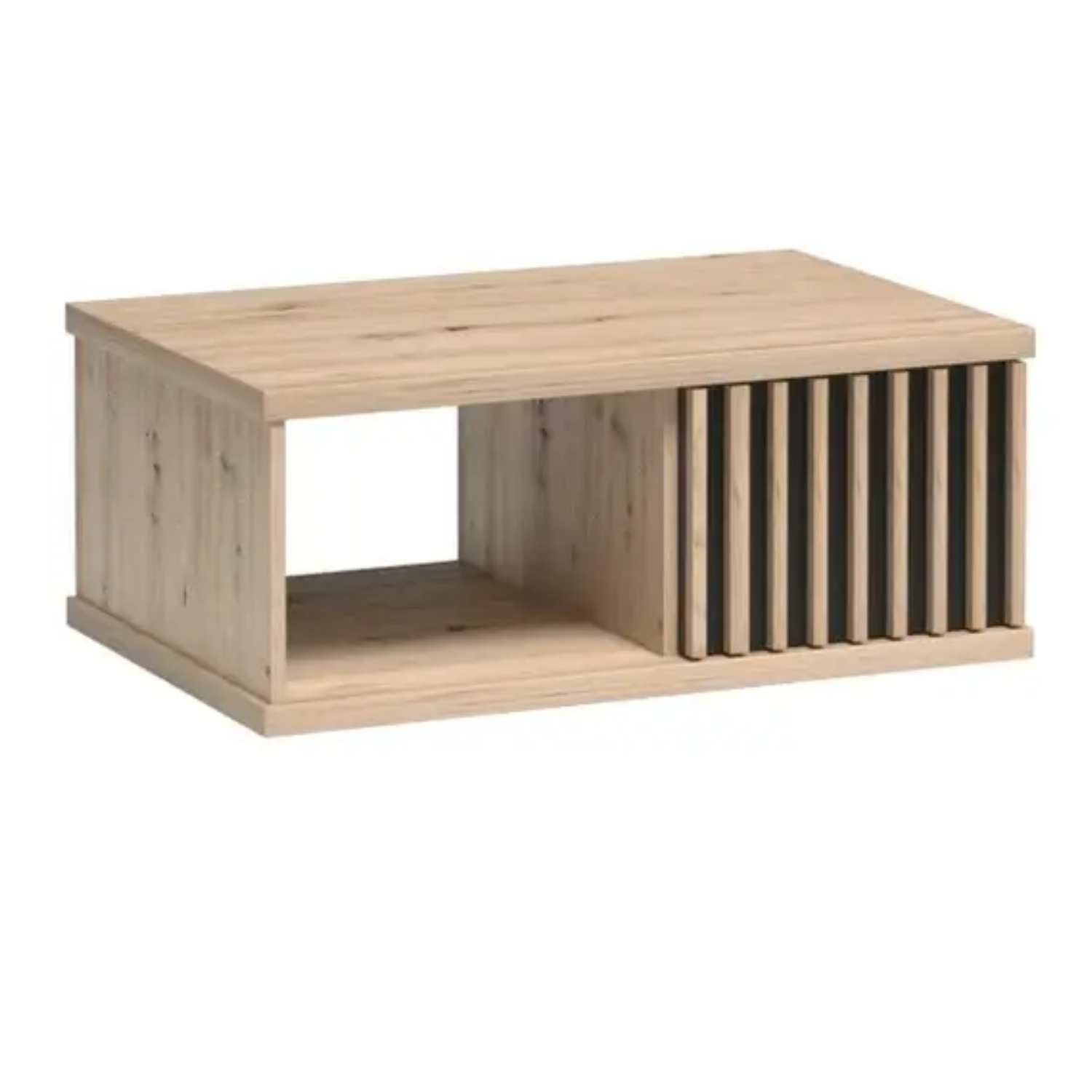 Table basse moderne pour salon et terrasse, avec étagères et tiroir, décorée de bandes à lattes sur fond noir