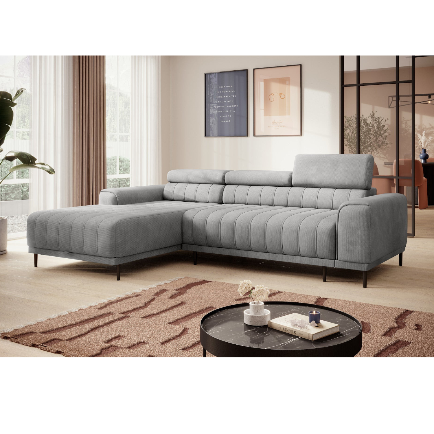 Canapé d’angle – Design moderne, appuis-tête réglables, lit d’appoint & coffre de rangement