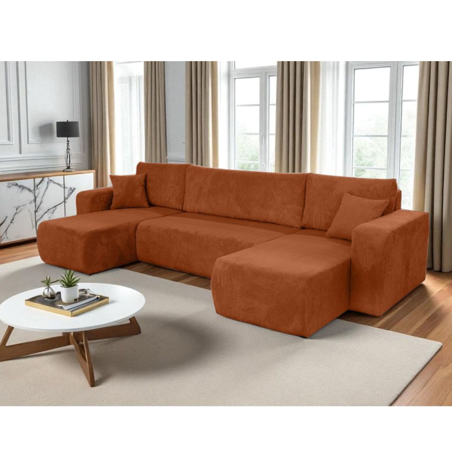 Canapé Panoramique – 5 Places – Convertible avec Coffre – Velours Côtelé