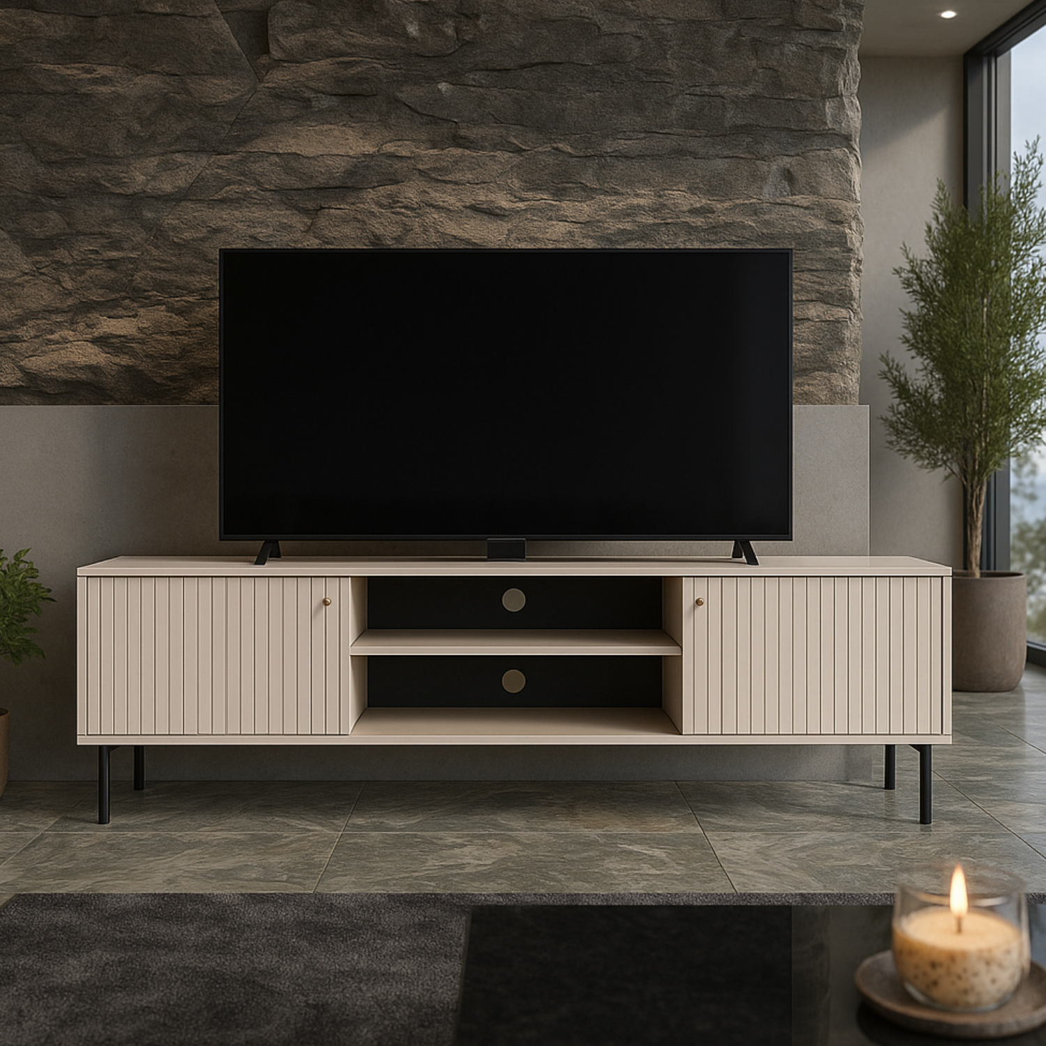 Meuble TV SOFINA 160 cm – Cachemire élégant – 2 niches fermées et étagères ouvertes