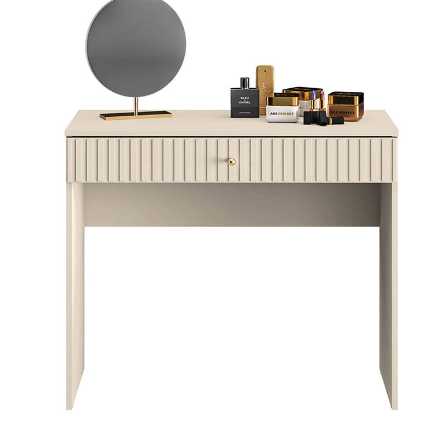 Coiffeuse Sofina en MDF Cachemire avec Tiroir Spacieux et Pieds Métalliques Noirs