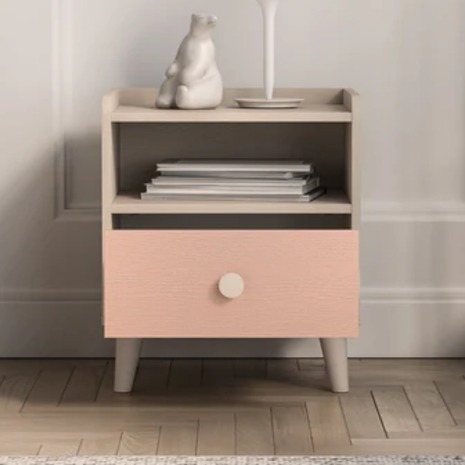 Table de chevet pour enfant en rose millénaire et sable du désert, avec bordure en ABS résistante aux chocs et à l'humidité