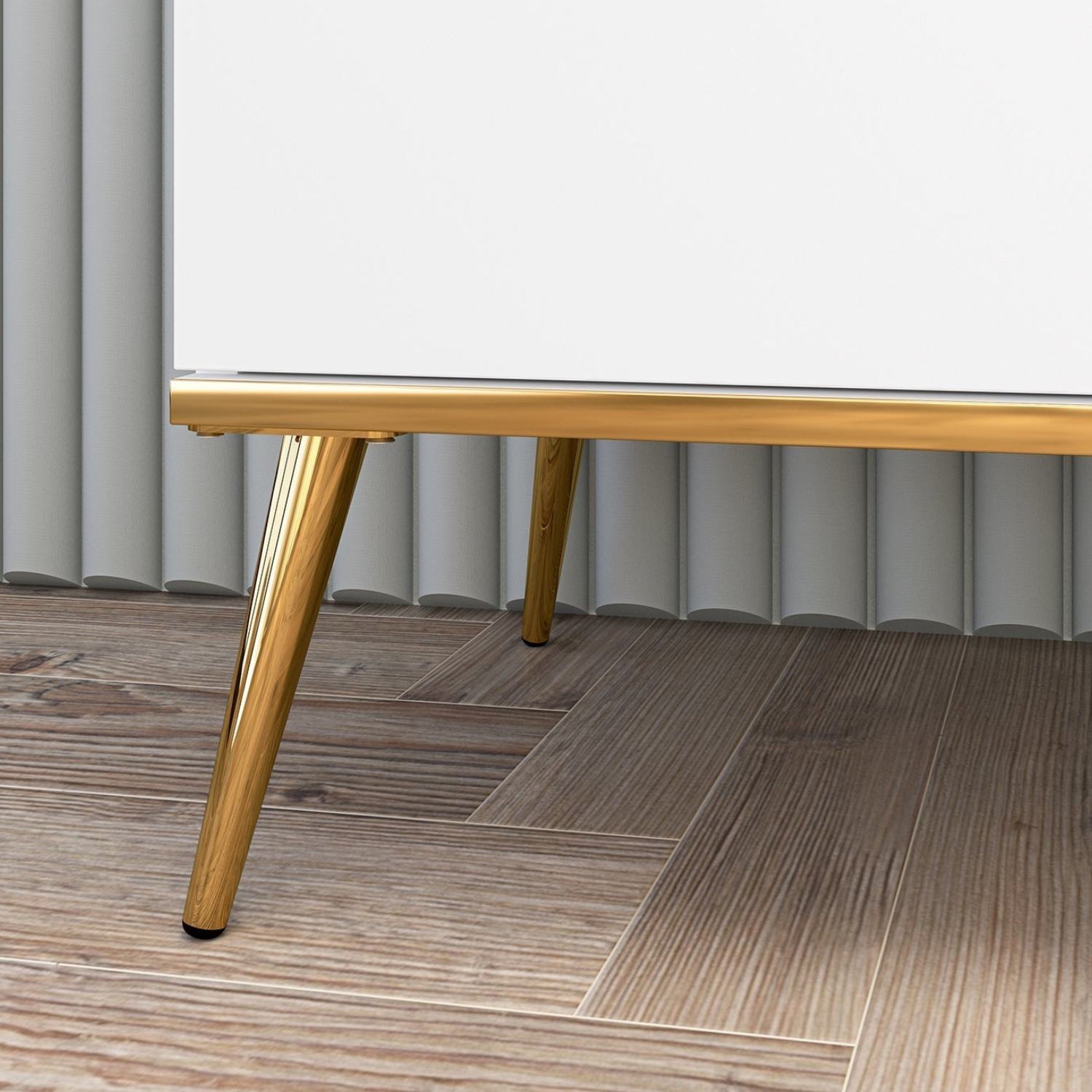 Meuble TV design moderne en bois blanc laqué mat & métal doré – rangement élégant