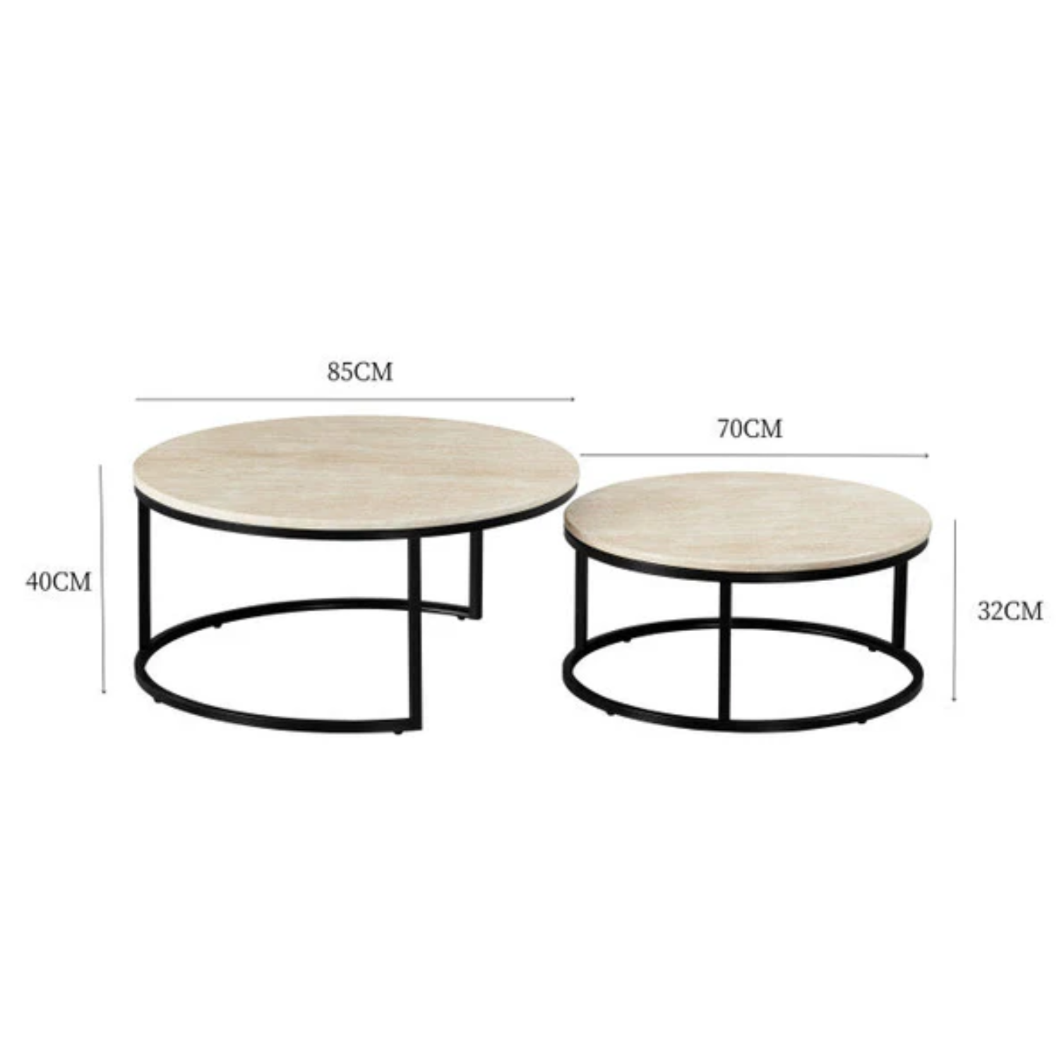Table Basse Plateau Céramique Effet Travertin Beige & Pieds en Acier Noir
