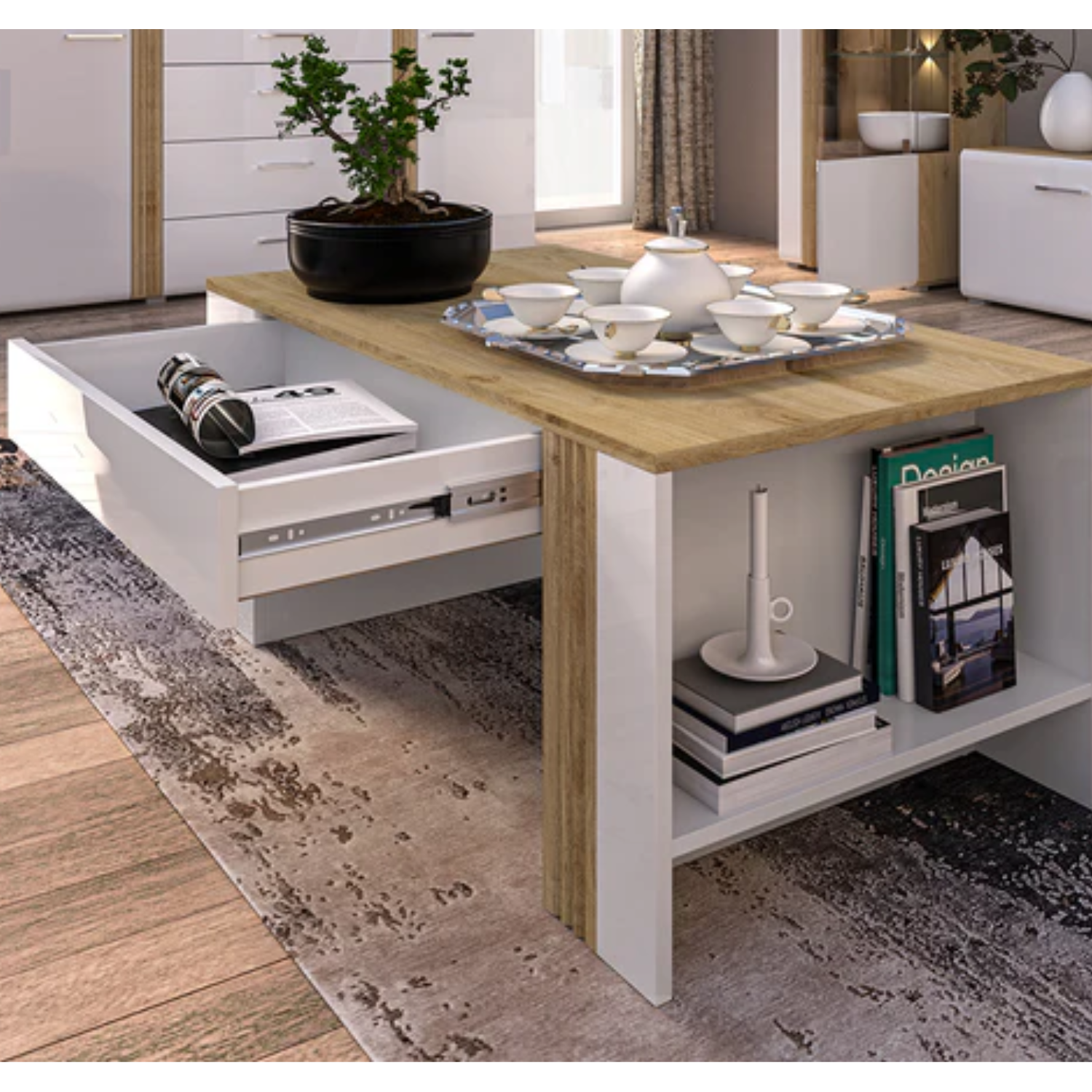 Table Basse Moderne en Chêne Castello et MDF Blanc Brillant