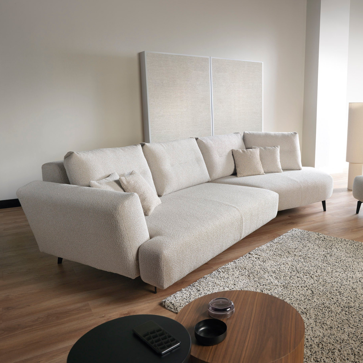 Canapé d'angle moderne avec extension électrique, fonction relax et suspension à ressorts en zigzag