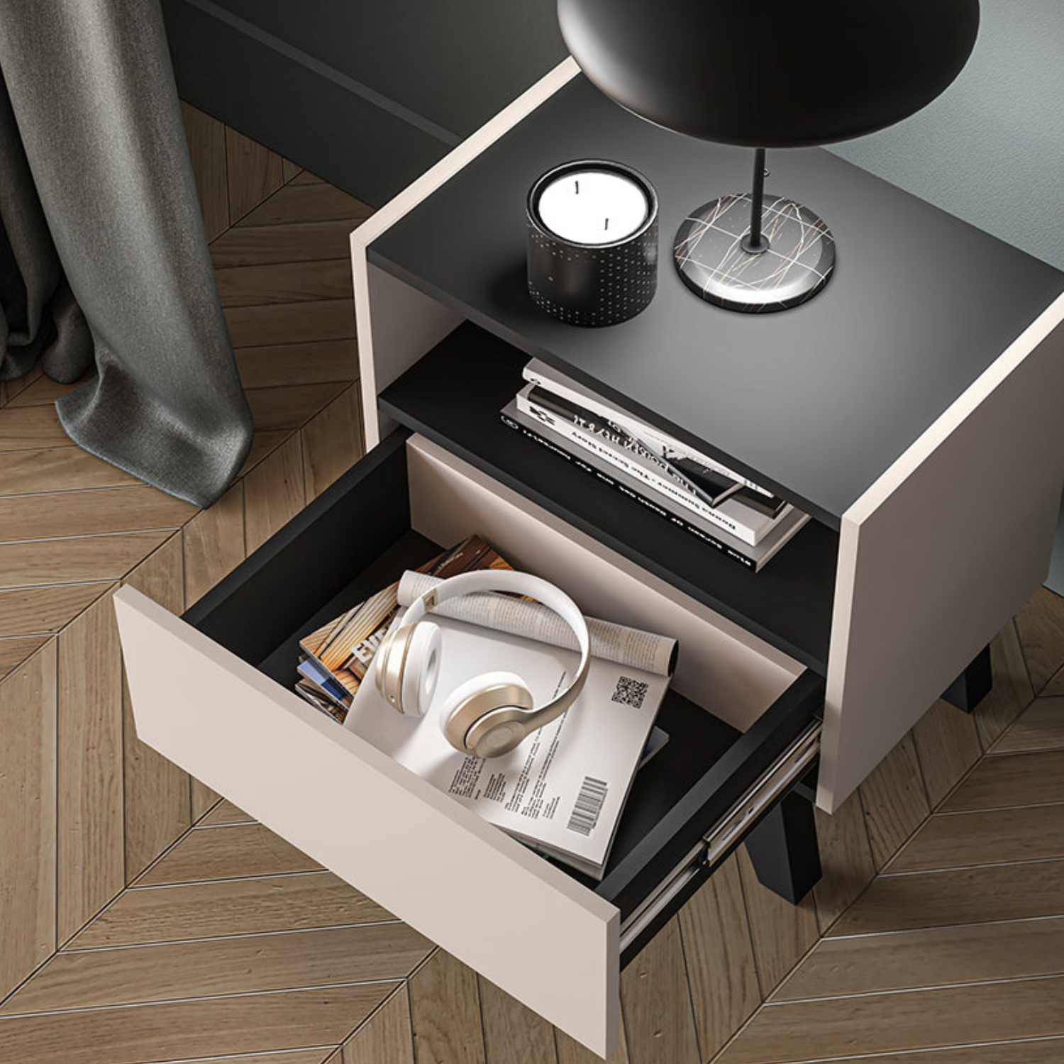 Table de Chevet – Design Élégant avec Tiroir Spacieux et Alcôve | Cachemire et Noir
