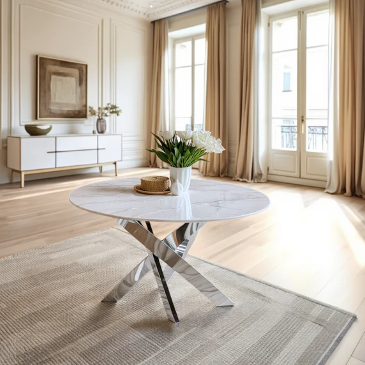 Table Basse Ronde en Verre ou Effet Marbre avec Structure Dorée ou Argentée