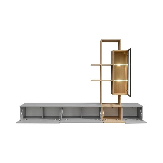 LEO wall unit 240 cm with a display cabinet and a shelf, grey and Cremona chêne — vue 3