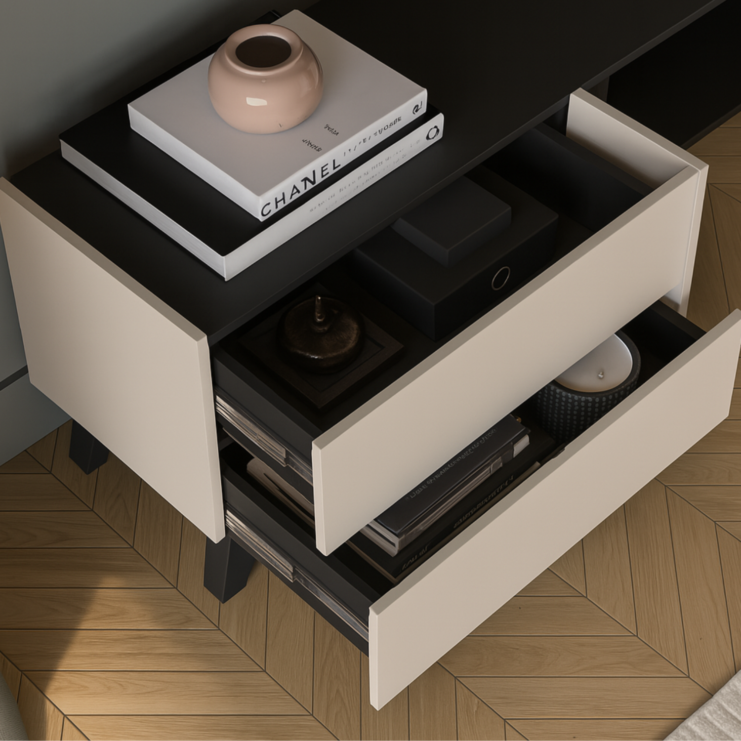 Meuble TV – Rangement Élégant avec Tiroirs à Extension Complète | Design Cachemire et Noir