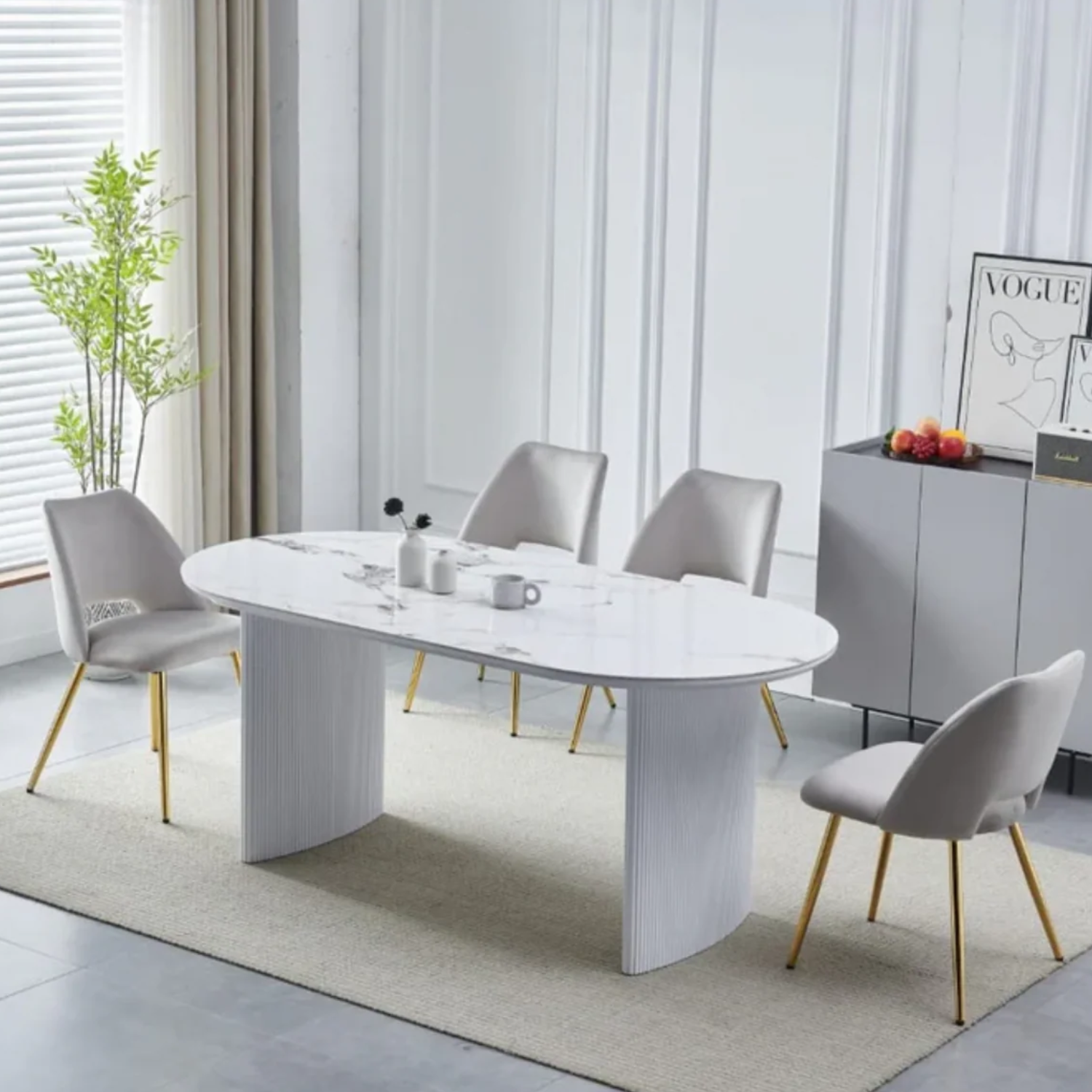 Table à Manger Céramique Marbre Blanc et Beige avec Piètement en Bois Laqué