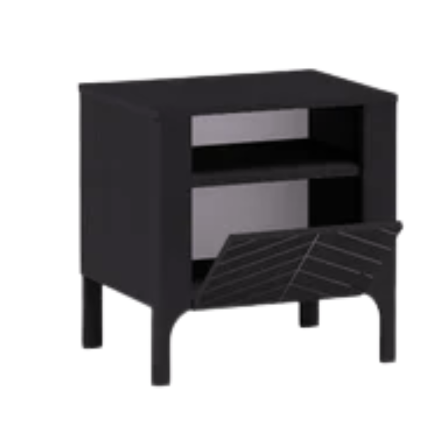 Table de chevet moderne RIVANO – Bois noir mat avec motif chevrons – 1 porte + étagère