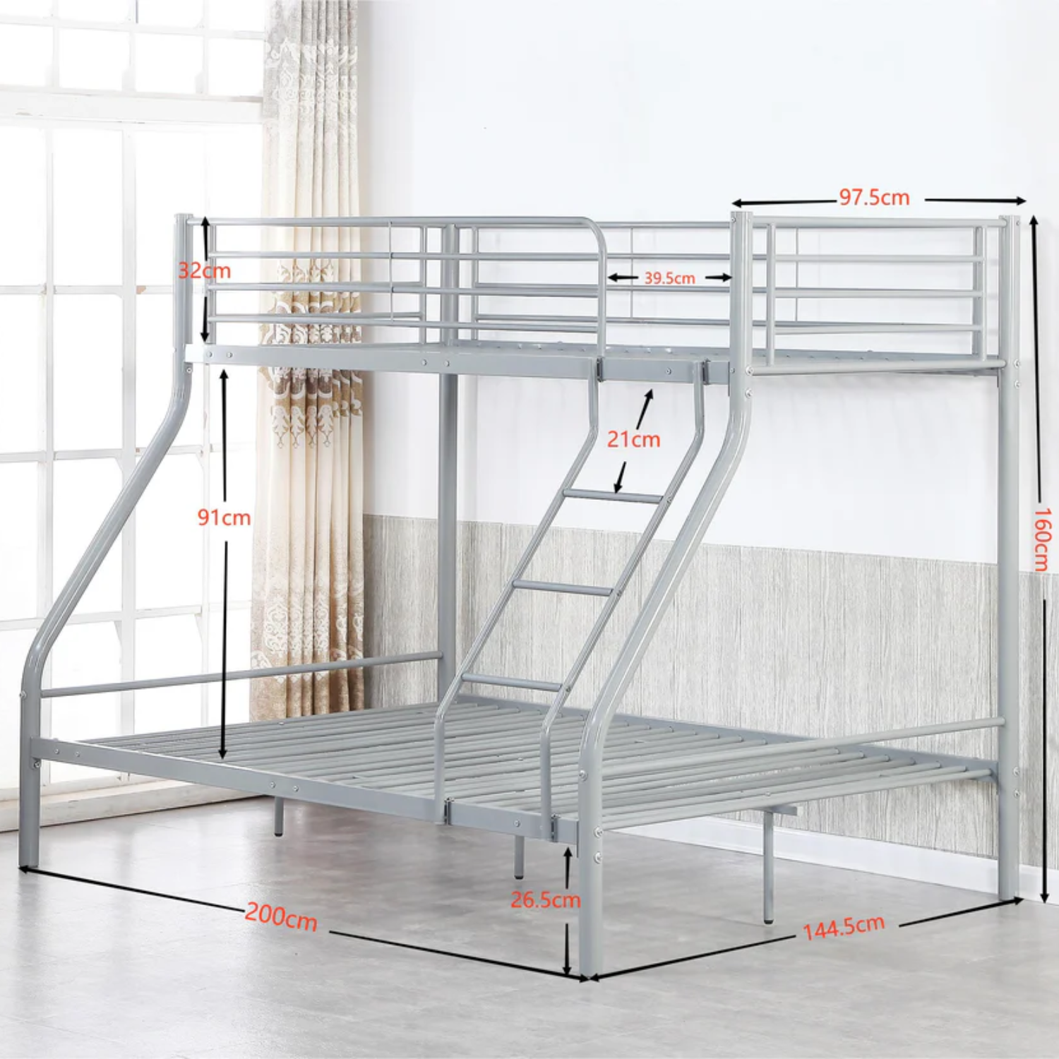 Lit superposé gris avec revêtement et sommiers en acier – 1+1 / 2+1 / 2+2 – 90x190 cm et 140x190 cm