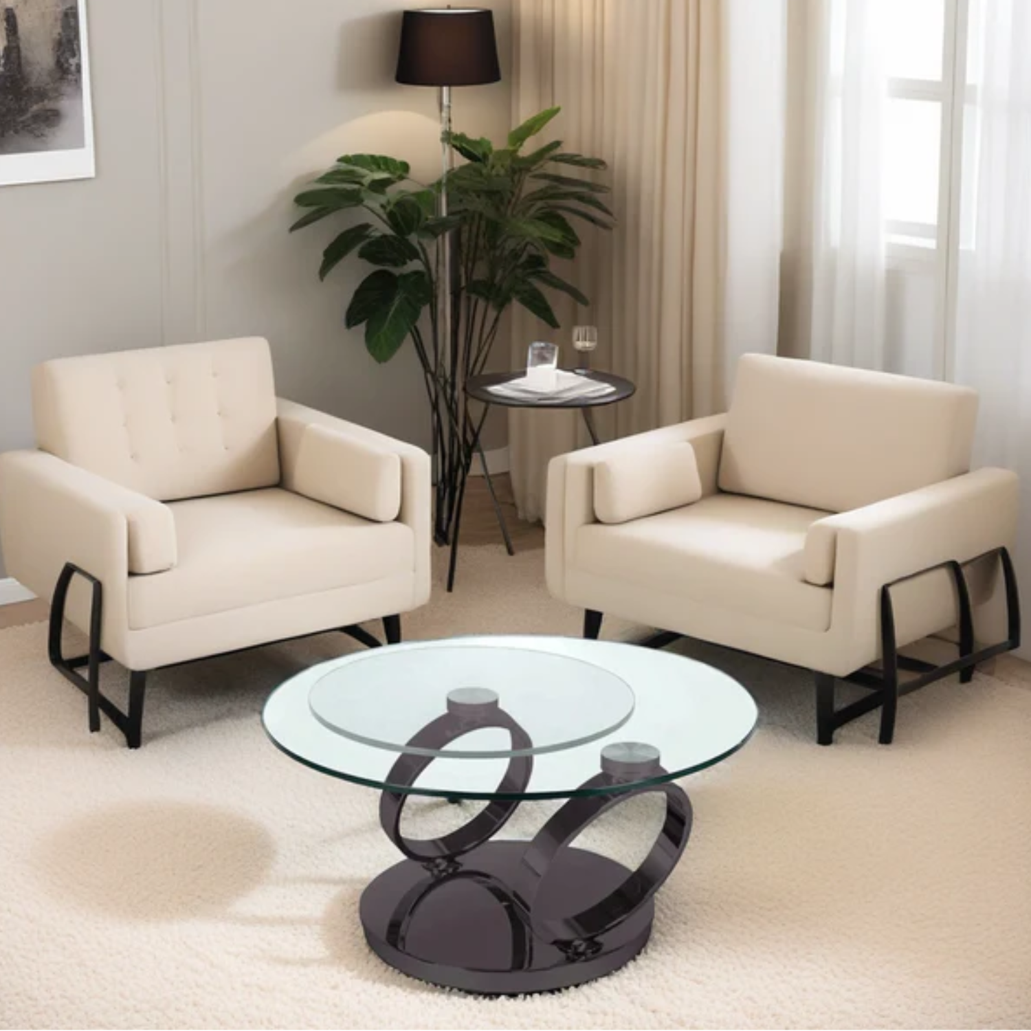 Table Basse Ronde en Verre Transparent avec Structure en Métal Noir