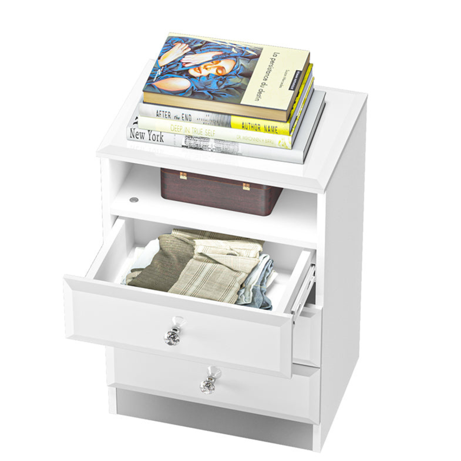 Table de Chevet – Design Élégant en Blanc Brillant avec Panneau Laminé Résistant