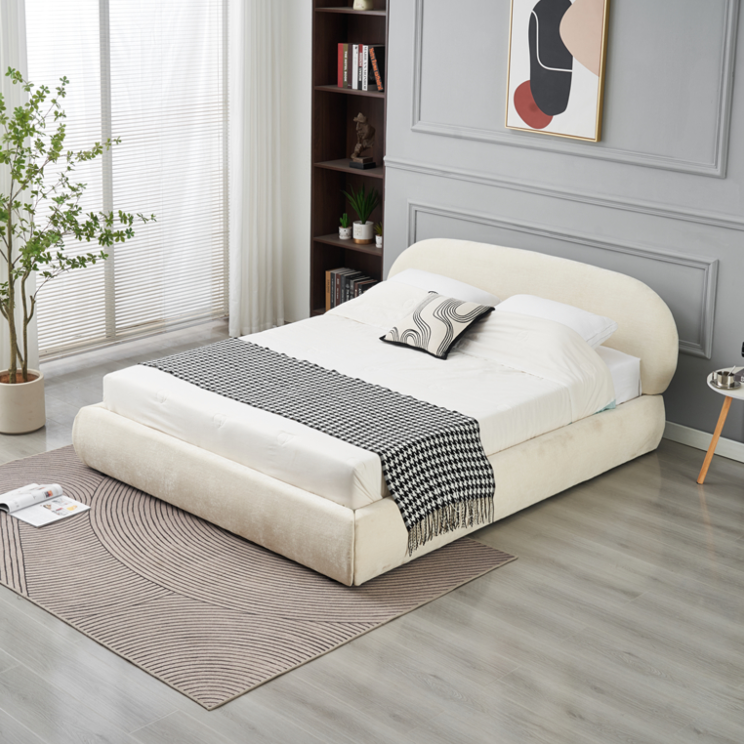 Lit coffre 2 places en Tissu chenille beige – Sommier à lattes avec rangement intégré– 140x190 & 160x200 cm