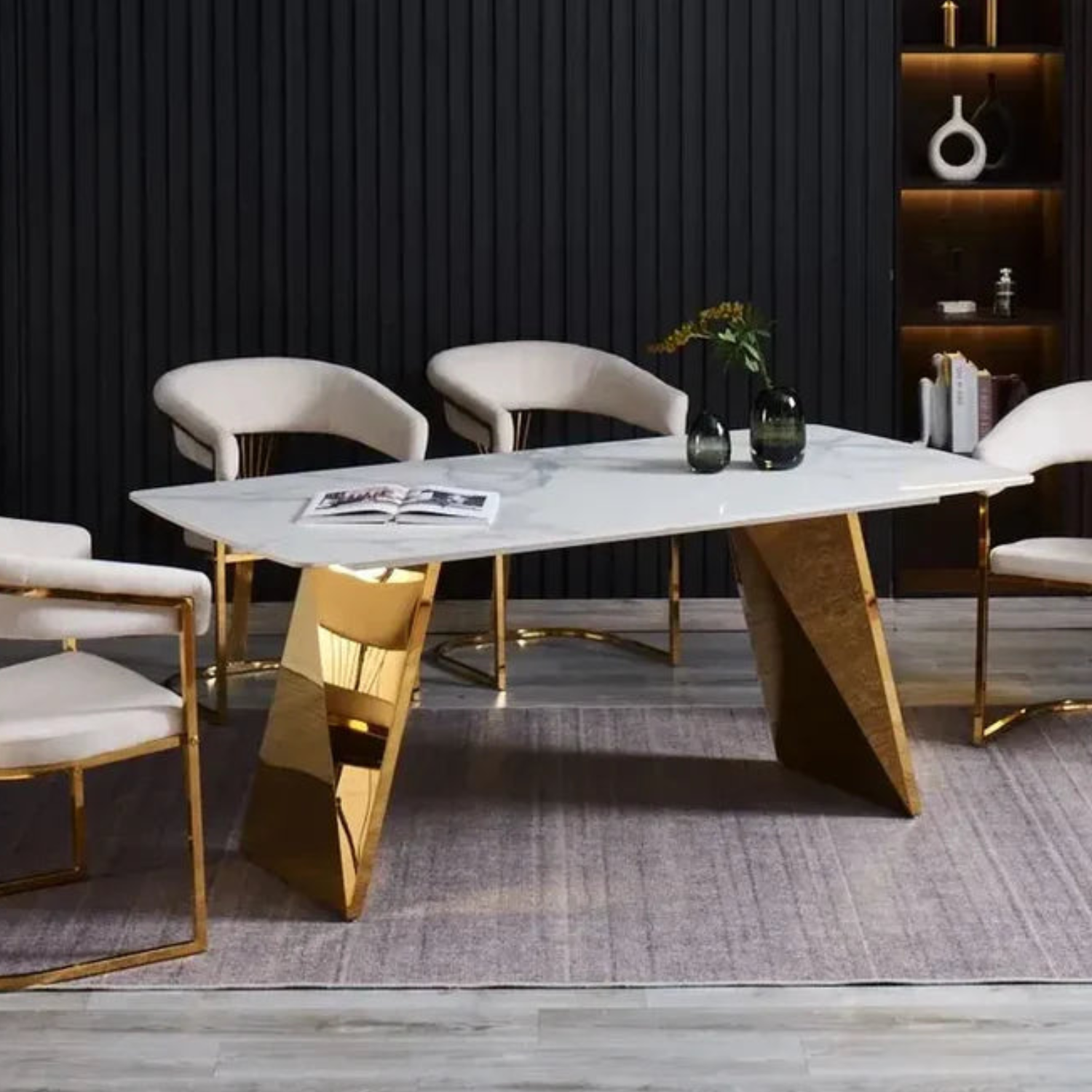 Table à manger 180x90 cm – Plateau céramique effet marbre blanc & pieds métal doré ou argenté