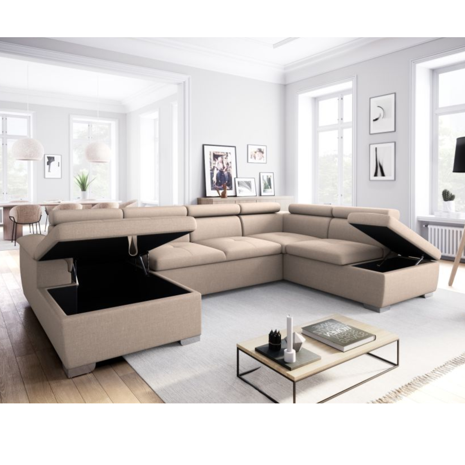 Canapé panoramique convertible avec 2 coffres en tissu