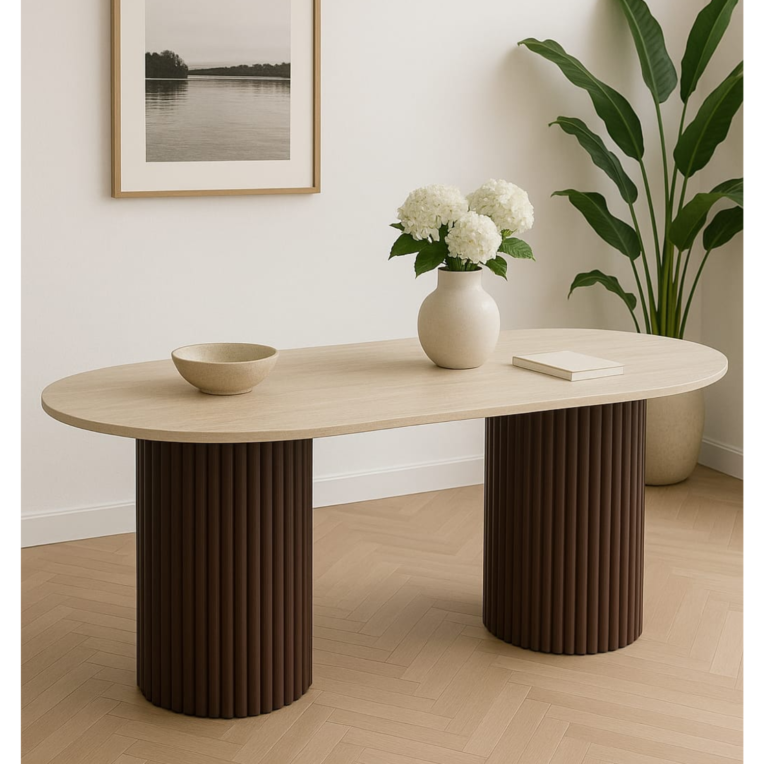 Table à Manger – Plateau Céramique Effet Travertin Mat & Pieds Métal Design | 160 ou 180 cm