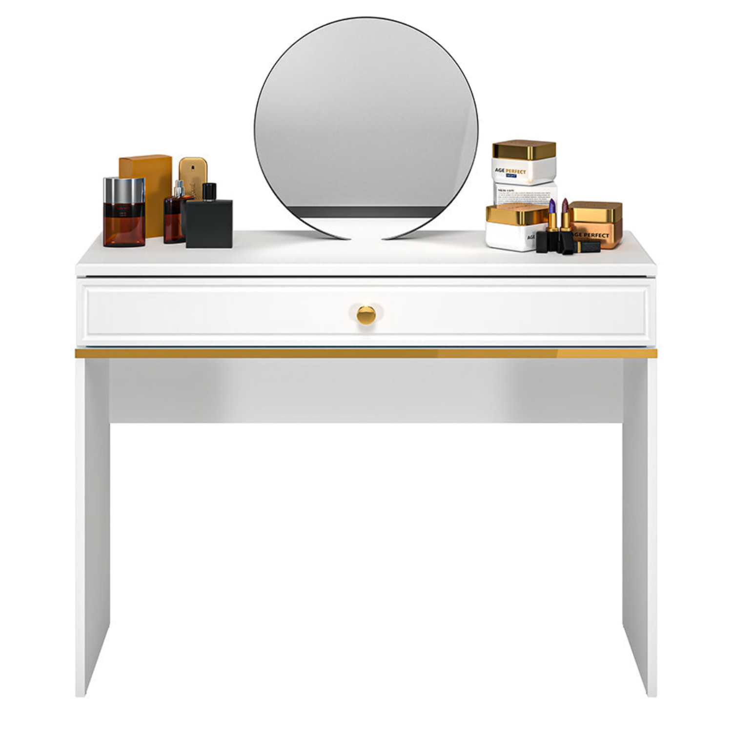 Table de Coiffeuse en Bois Laqué Brillant avec Pieds en Métal Doré