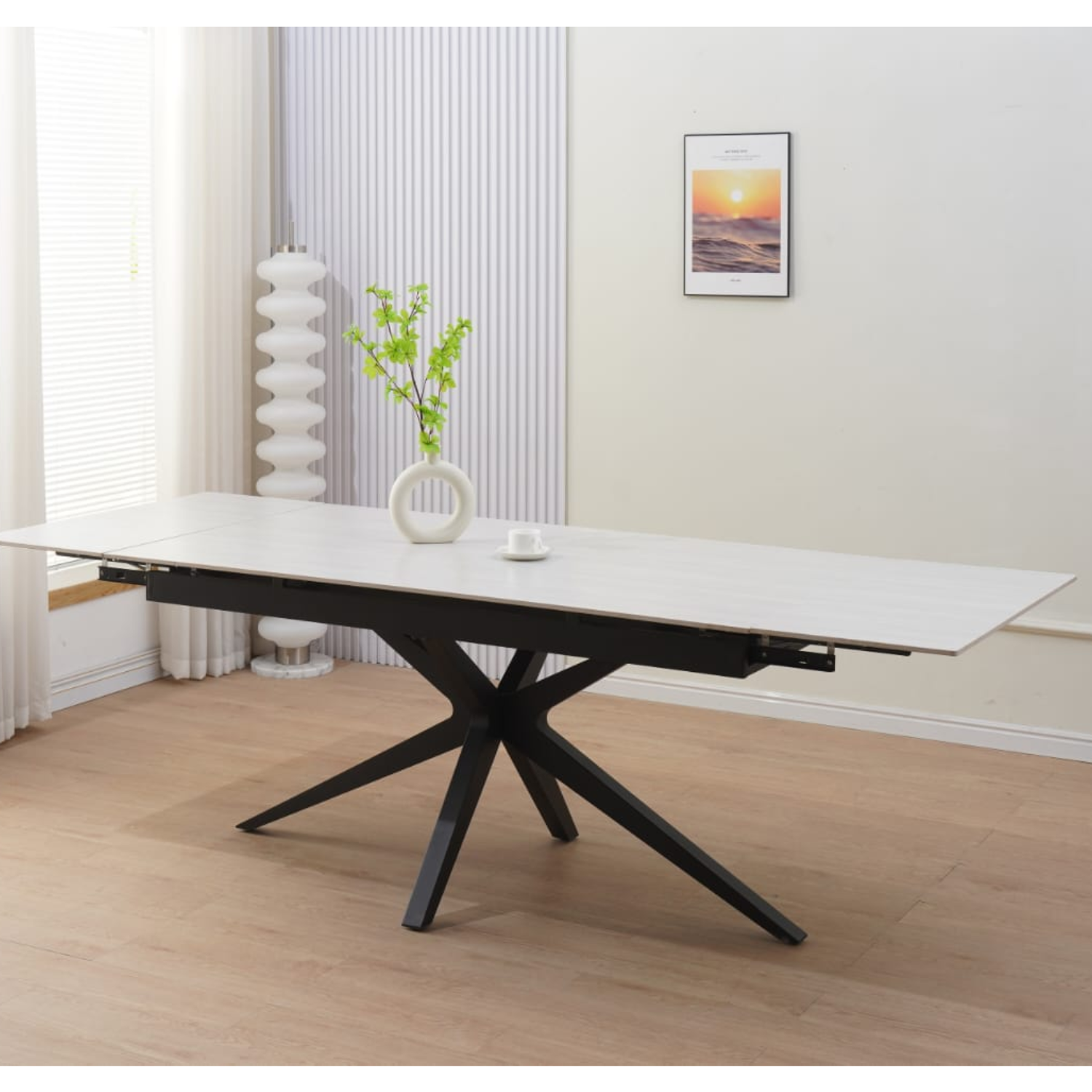 Table à manger extensible – Plateau céramique travertin mat ou blanc – Pied métal noir – 160/240x90x76 cm