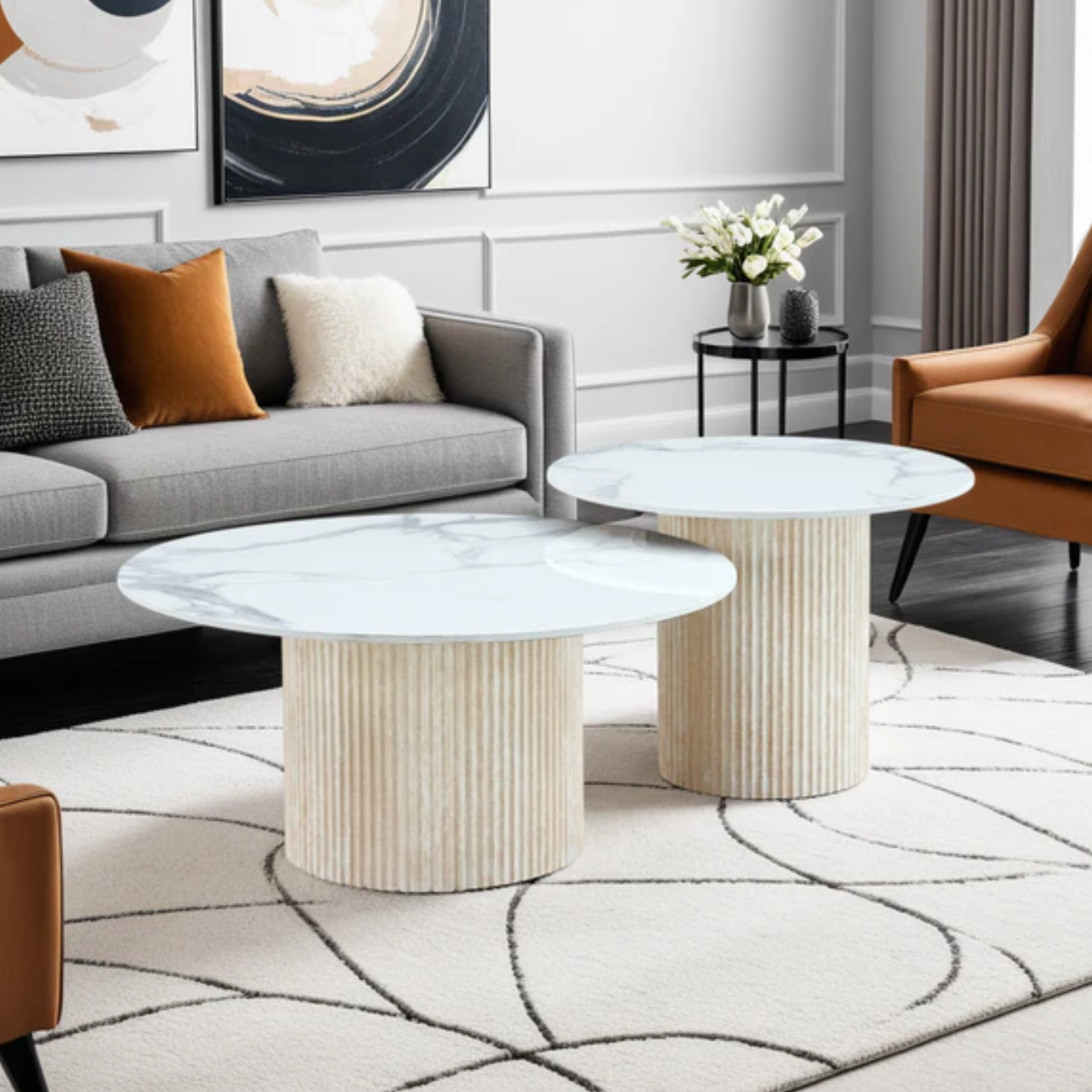 Table basse Plateau marbre en Céramique et Piètement Travertin