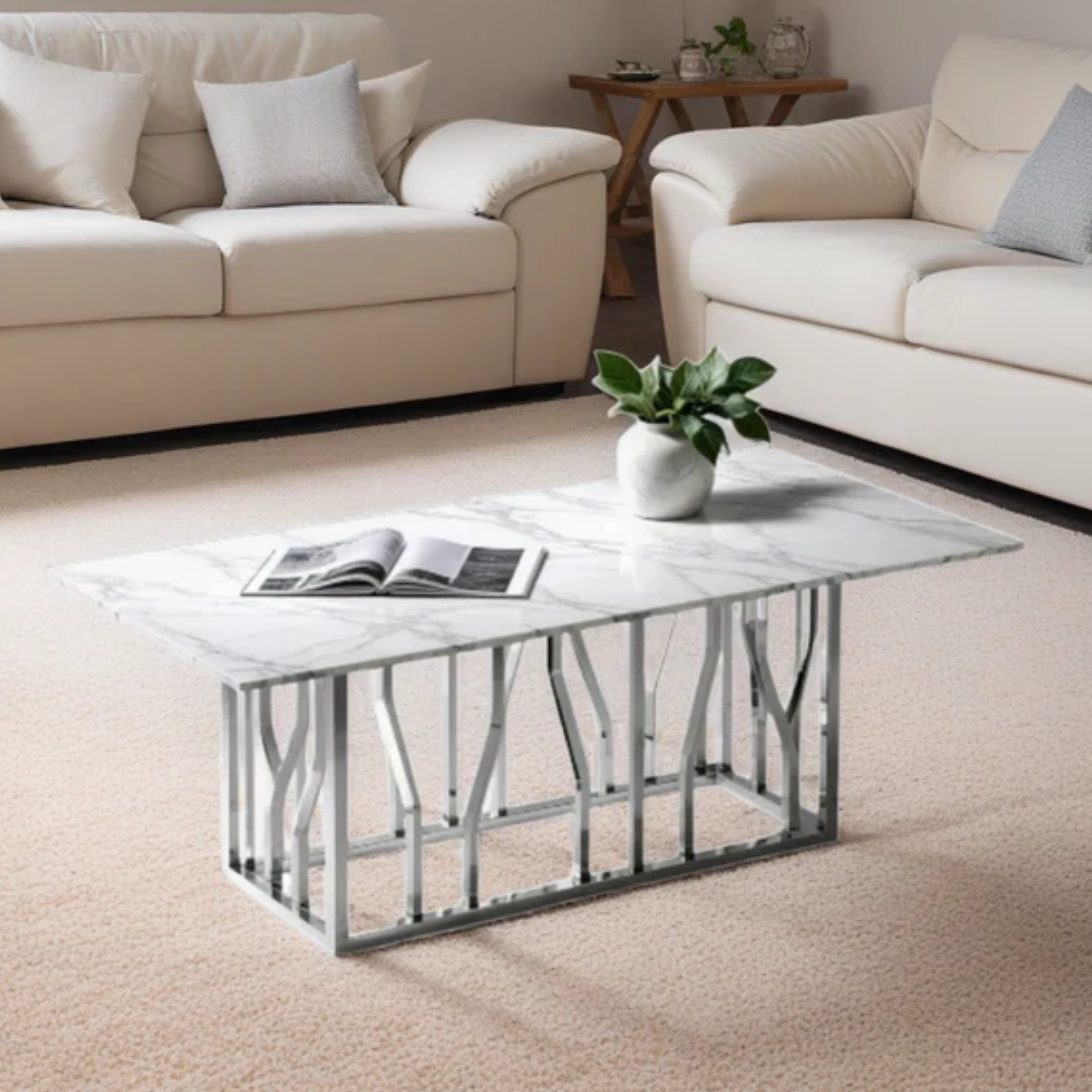 Table Basse Marbre Blanc Véritable & Piètement en Acier