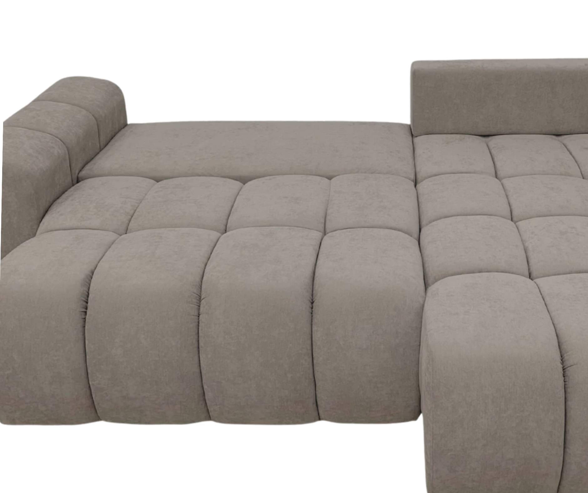 Canapé d’angle convertible en tissu Taupe, fonction couchage et coffre intégré
