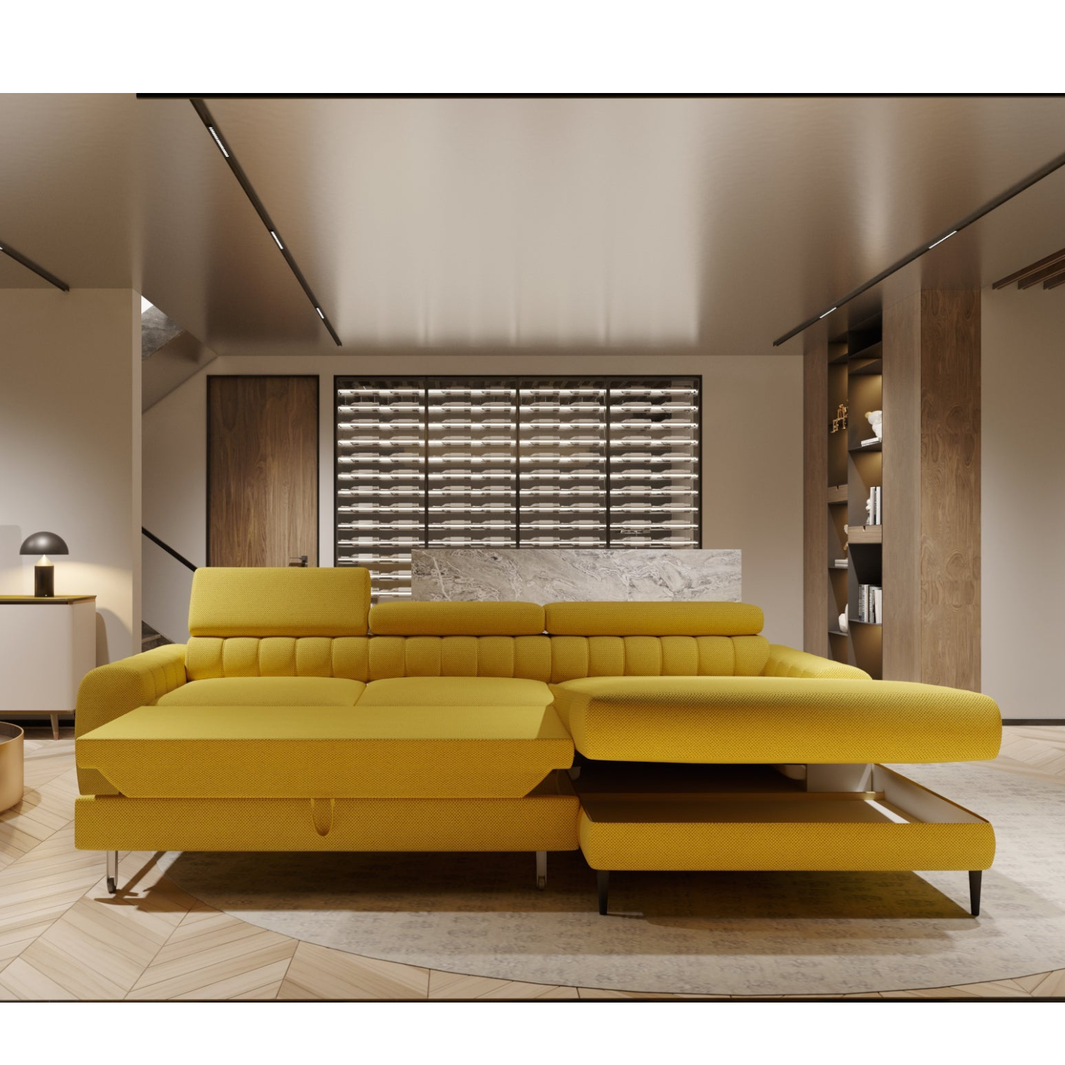 Canapé d’Angle – Compact avec Couchage DELFIN, Coffre de Rangement et Têtières Réglables